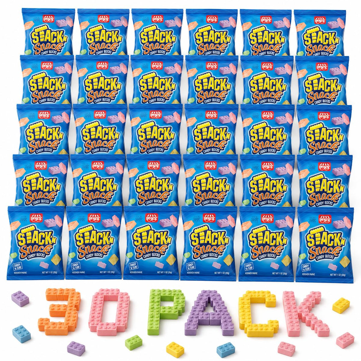 DOUzzle Kosher, Stack 'n Snack Candy Blocks, Edible Bricks, Building Blox, Construction Cake Toppers, (30 Pack), Individually Wrapped Treats, Birthday