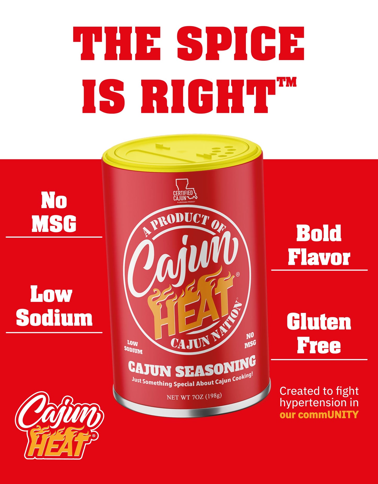 Cajun Nation Low Sodium Cajun Seasoning 7oz Can- Louisiana Certified Cajun- No MSG, Gluten Free- Spicy Cajun Heat Seasoning for Chicken, Seafood