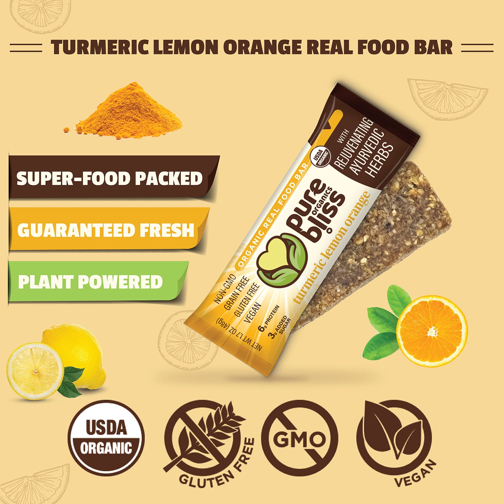 Organic Real Food Bars (Turmeric Lemon Orange) Grain Free - Paleo Friendly - Non-GMO, Gluten Free, Vegan, Nutrition Bars, Super Food Energy Bars