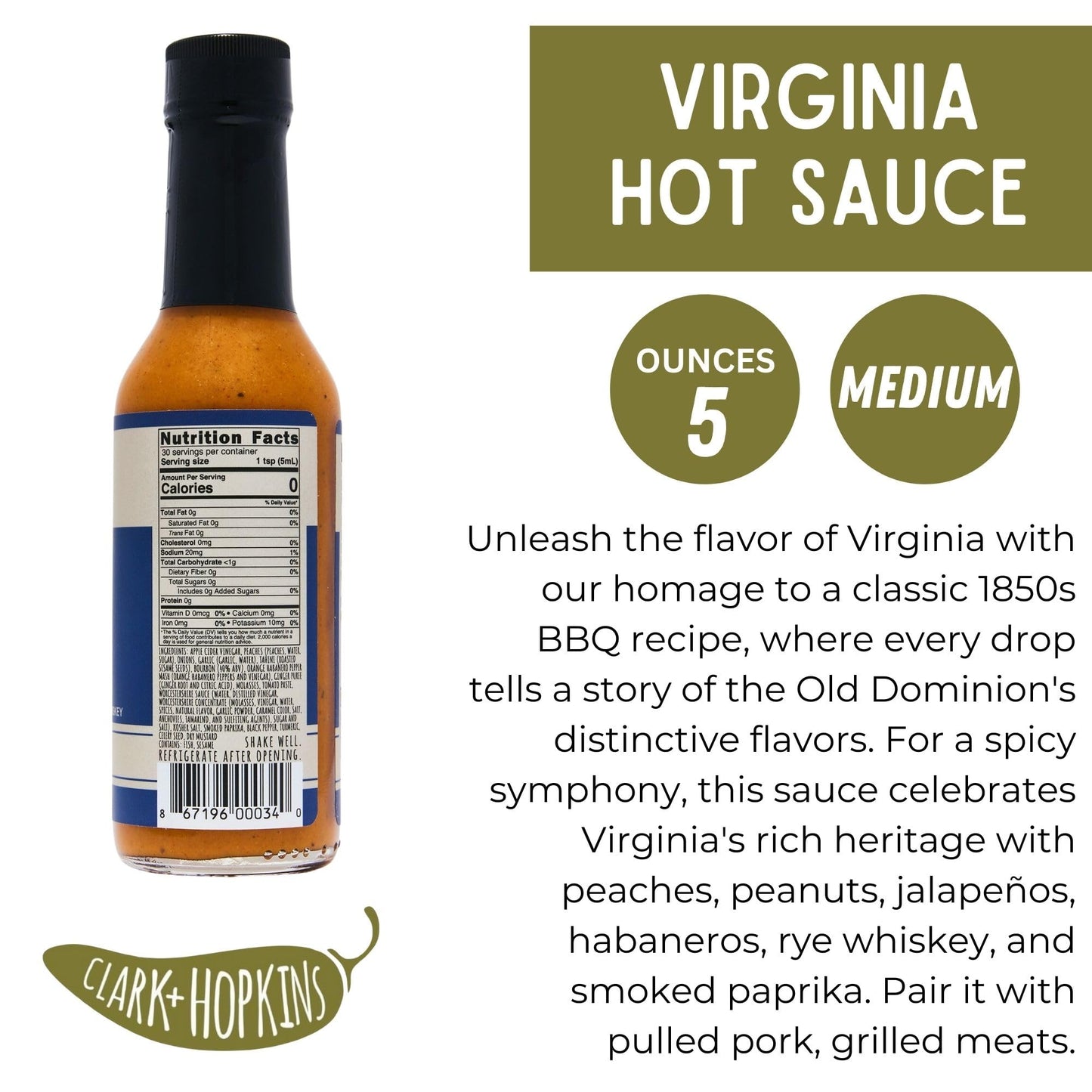Clark + Hopkins Virginia Jalapeno Pepper Sauce, w/Peaches, Habanero & Whiskey Flavored Hot Sauce, Virginia's Rich Cuisine, Medium Heat, 5 oz (1 Pack)