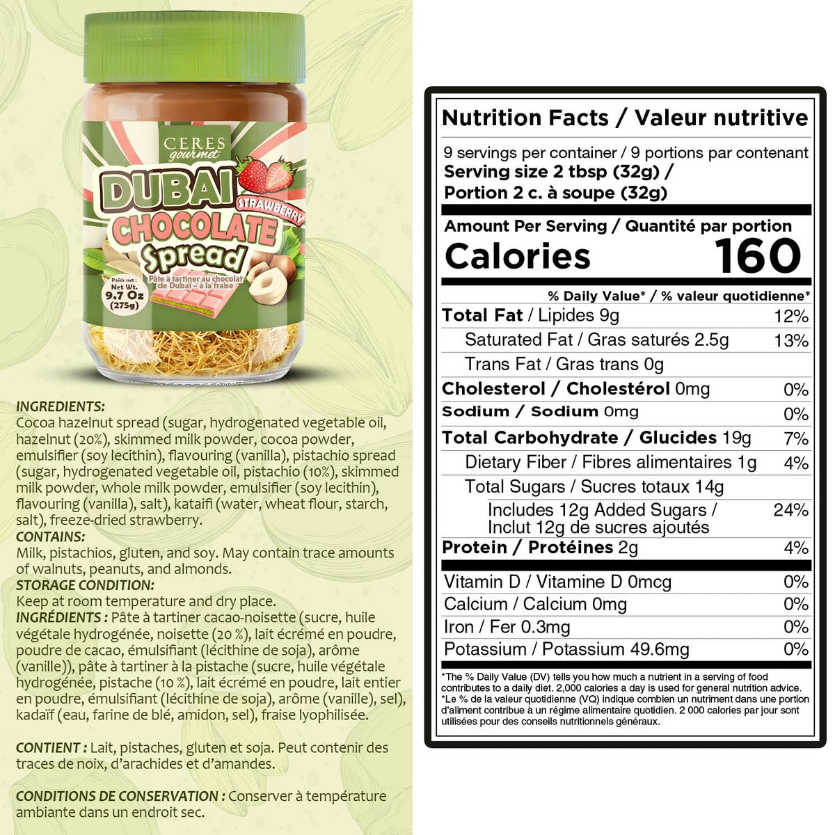 Dubai Spreadable Chocolate with Freeze-Dried Strawberry - Pistachio Spread with Roasted Phyllo - Gourmet Breakfast Chocolate, 275g / 9.7 oz