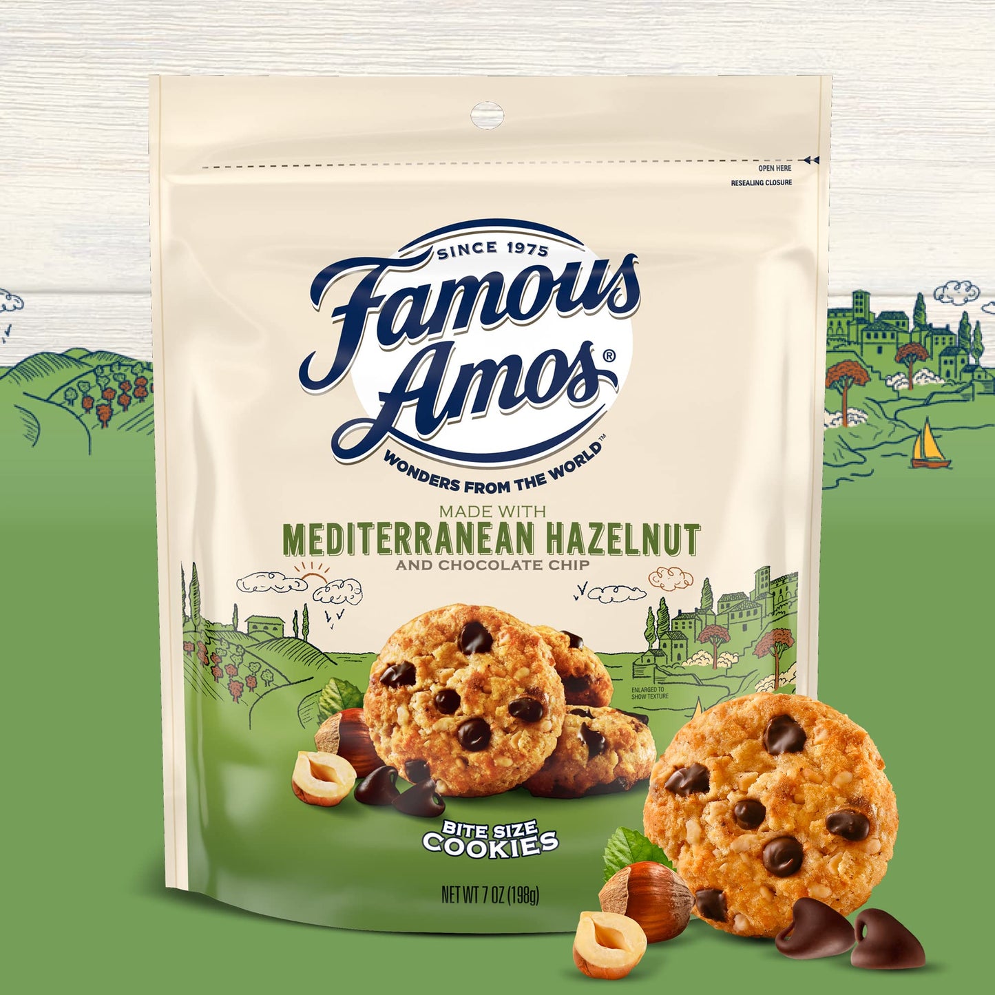 Famous Amos Mediterranean Hazelnut and Chocolate Chip Cookies | Real Mediterranean Hazelnuts in Bite-Size Chocolate Chip Cookies, Resealable 7 oz Bag