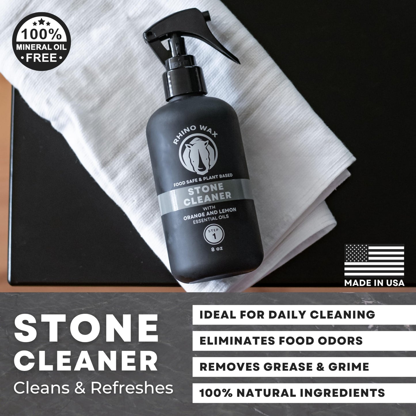 Rhino Wax Soapstone Spray Cleaner - Safely Clean Soap Stone, Slate, Granite, Quartz, Marble, Concrete - Food Safe - Natural Ingredients - Fresh Orange