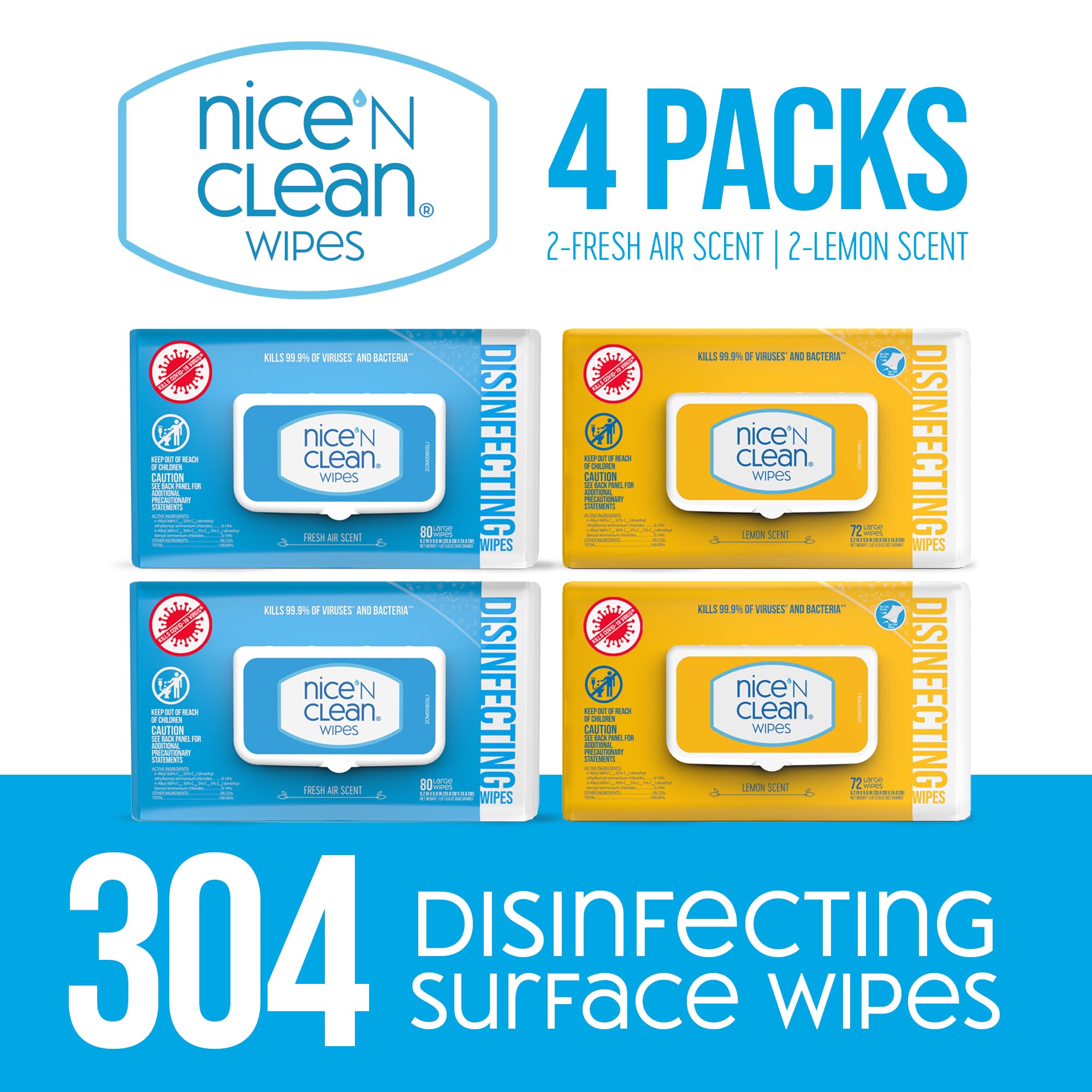 Nice 'N Clean Disinfecting Surface Wipes 304ct | Cleans & Disinfects Home & Kitchen Surfaces | Fresh & Lemon Scent