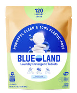 BLUELAND Laundry Detergent Tablets, 120 Count, Plastic-Free Eco-Friendly Pods, Sheets, Liquid Alternative - Fragrance Free and Clear, Natural, Gentle