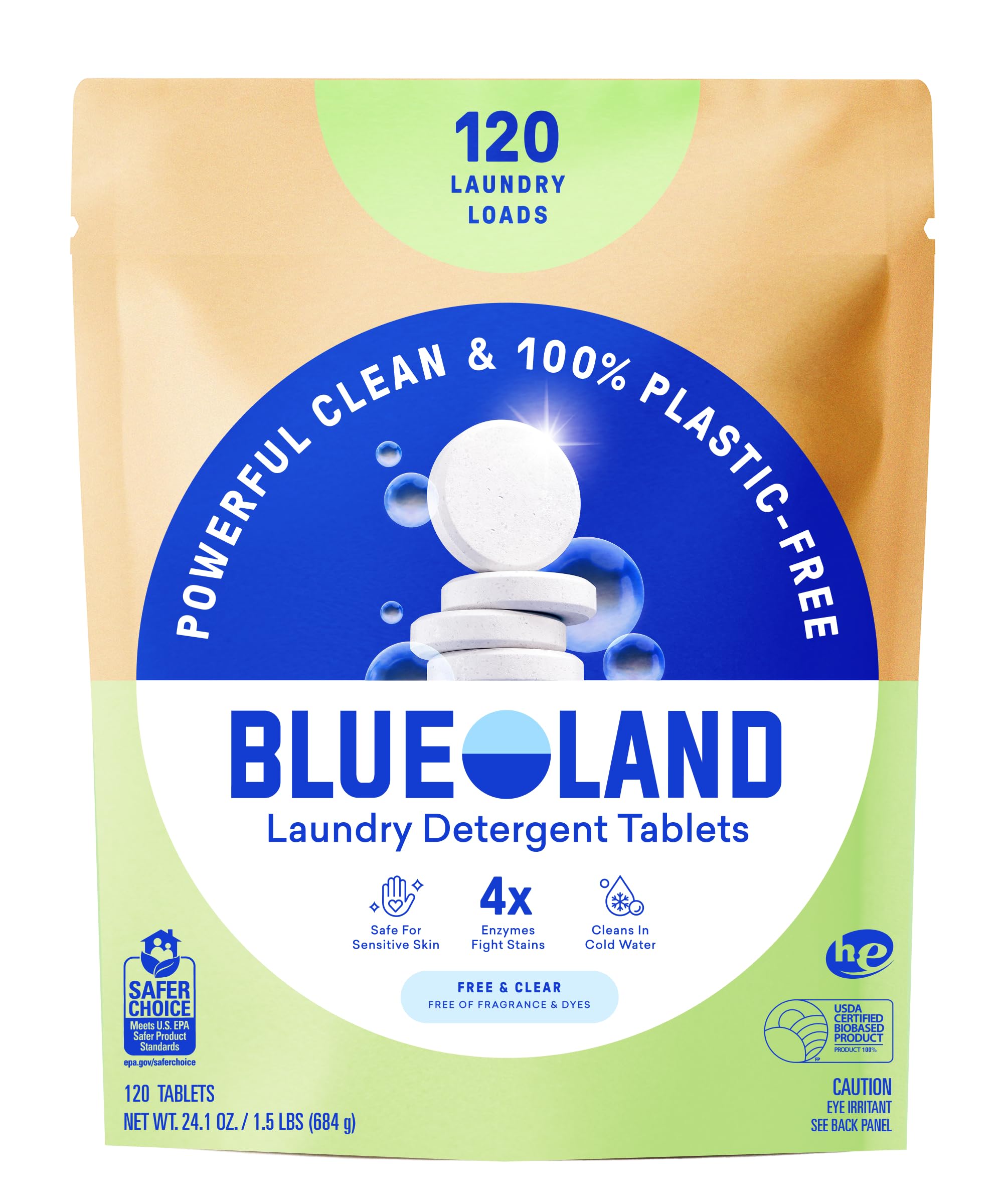 BLUELAND Laundry Detergent Tablets, 120 Count, Plastic-Free Eco-Friendly Pods, Sheets, Liquid Alternative - Fragrance Free and Clear, Natural, Gentle