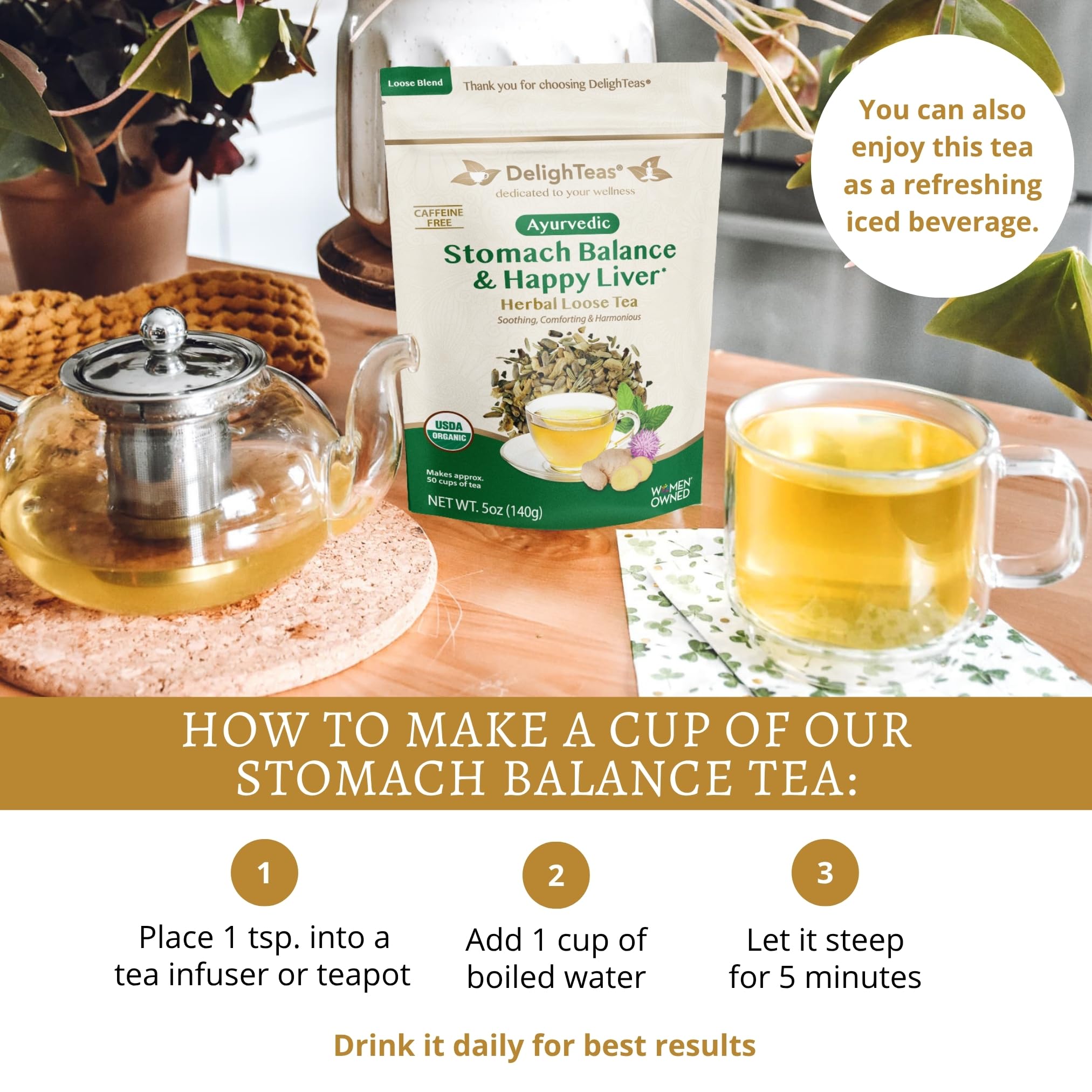 DelighTeas Stomach & Liver Tea | Ayurvedic Herbal Blend for Digestion | Organic Milk Thistle, Fennel, Ginger, Peppermint & Licorice | Vegan