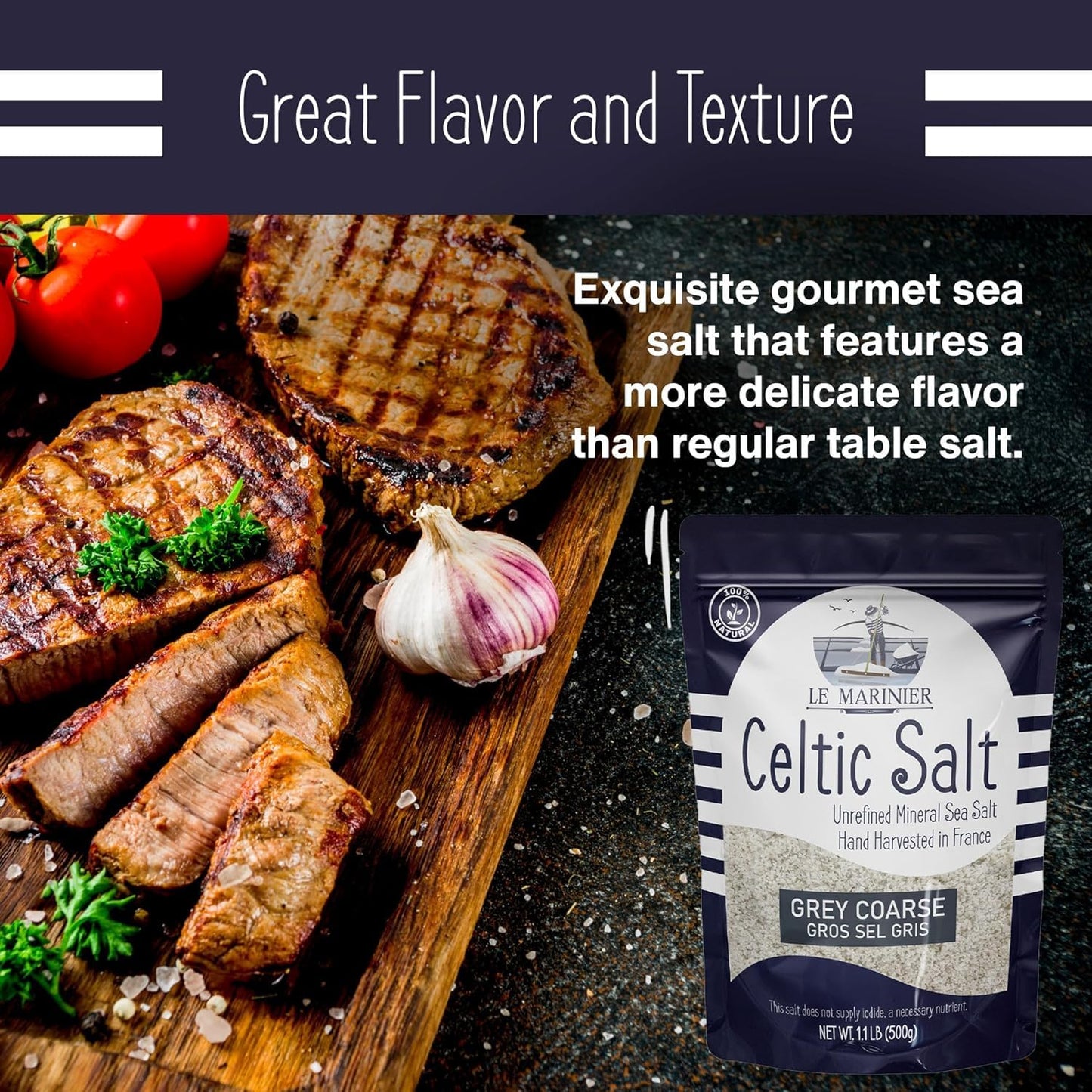 Le Marinier Celtic Salt Organic Grey Coarse, 1.1lb - 18oz. Mineral Rich 100% Natural and Unrefined French Sea Salt Organic. Hand Harvested Mineral Sea