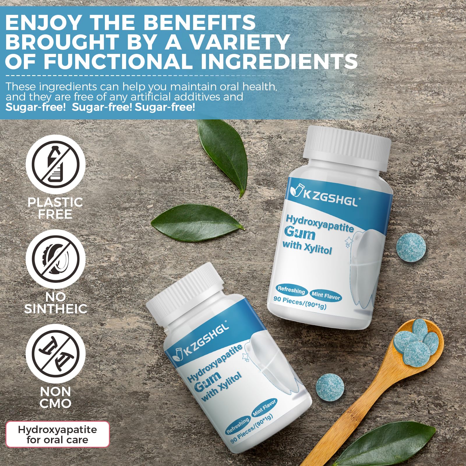 Remineralizing Gum with Nano-Hydroxyapatite & Xylitol, 90 Pieces, Good for Teeth Remineralization, Sugar-Free Mint Chewing Gum with Xylitol, Two pills