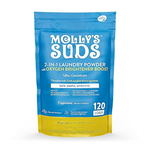 Molly's Suds 2-in-1 Original Laundry Powder with Oxygen Brightener Boost | Clean Laundry Detergent & Stain Remover | Peppermint with Hint of Lemon
