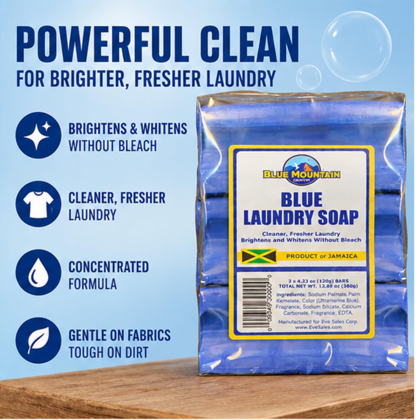 Blue Mountain Country Blue Laundry Soap, Product of Jamaica - 3 Pack (4.23 oz Each), Concentrated Formula, Brightens & Whitens Without Bleach, Cleaner