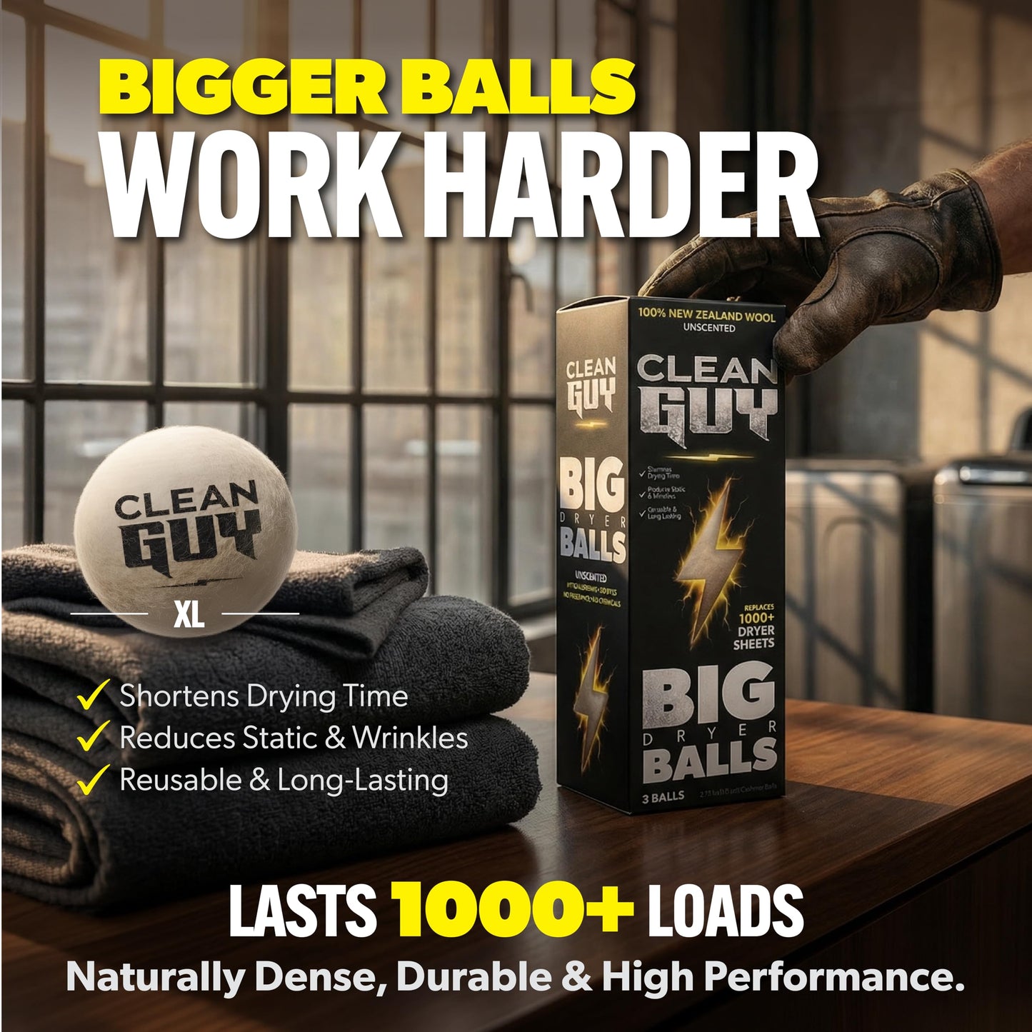 Clean Guy Wool Dryer Balls XL 3-Pack- Natural Fabric Softener, Reusable Laundry Dryer Balls -Reduce Drying Time, Static & Wrinkles- Hypoallergenic