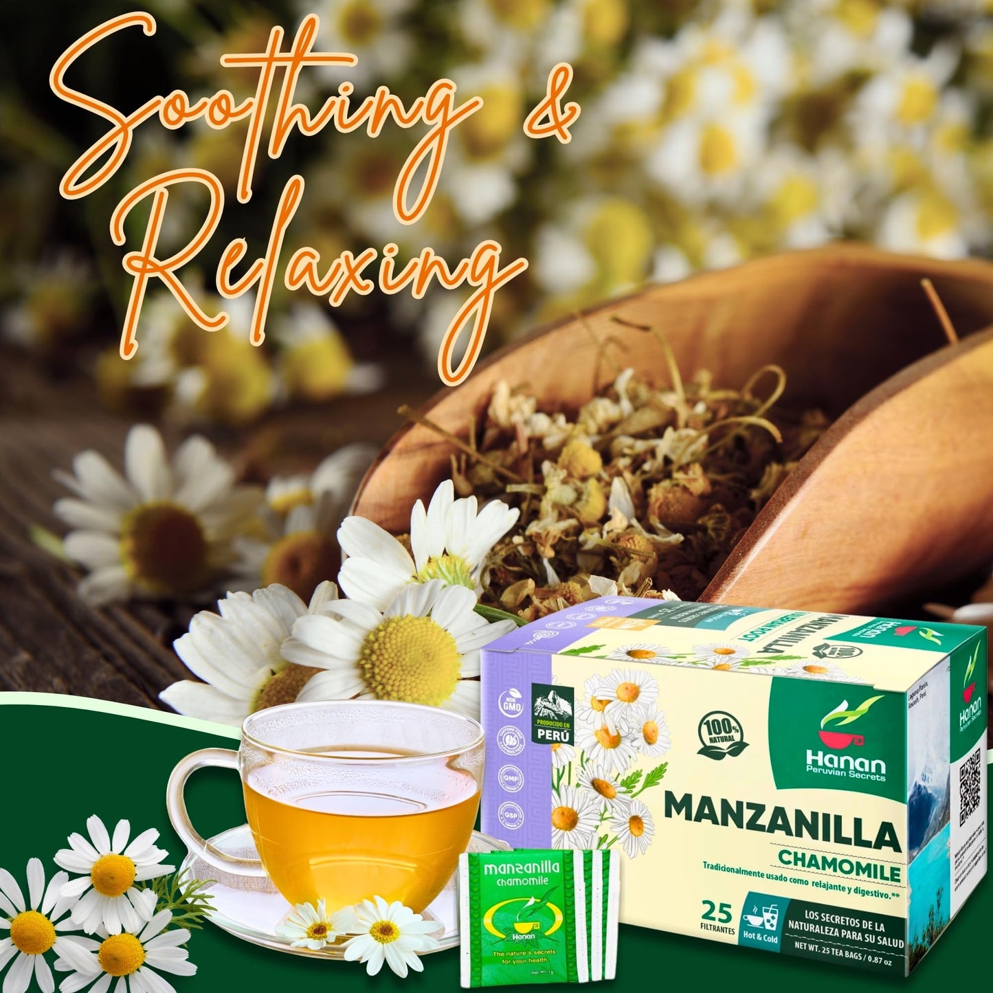 Chamomile Tea 25 Herbal Teabags of Te De Manzanilla Natural Dried Camomile Tea from Peru by Hanan
