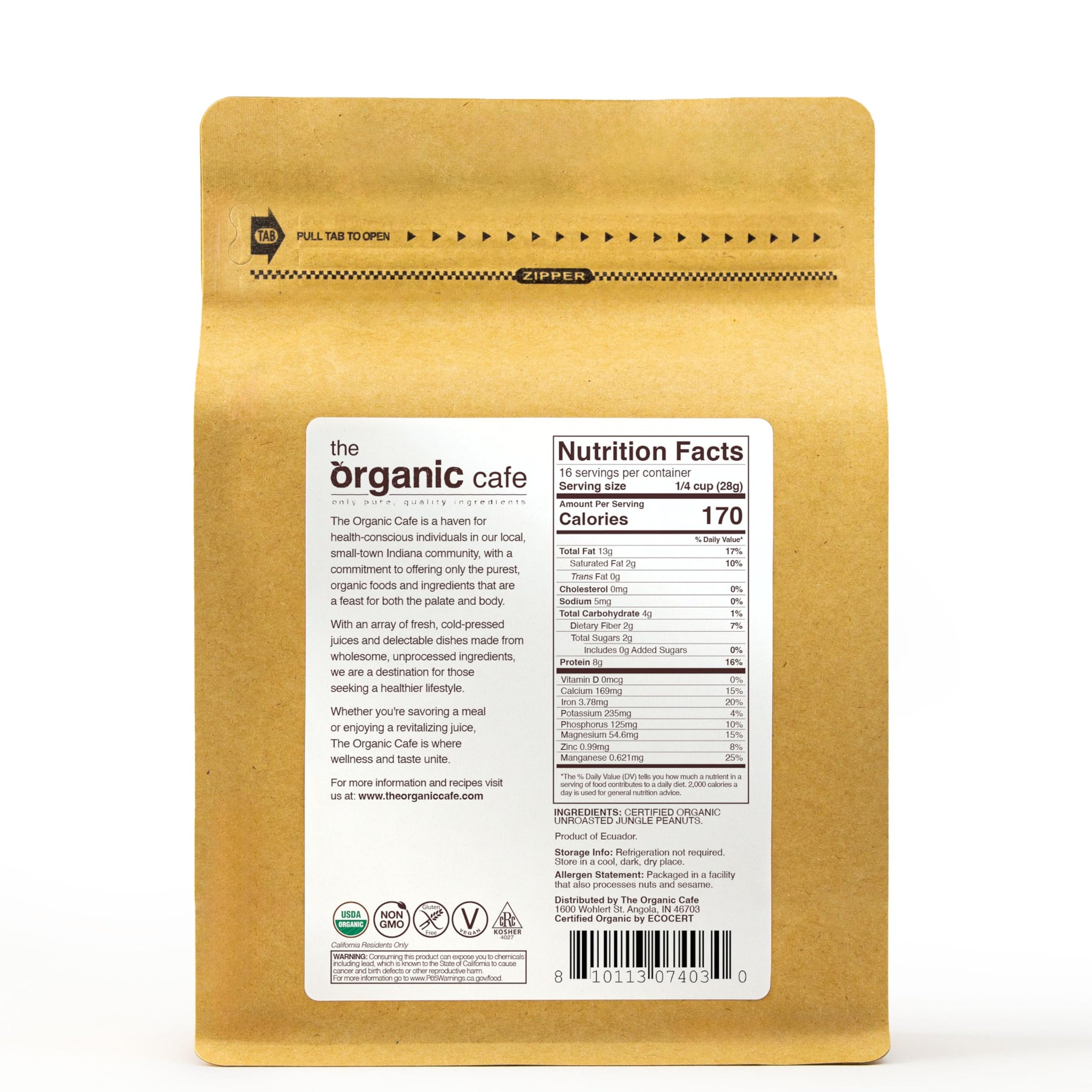 The Organic Cafe Organic Jungle Peanuts, Wild Heirloom Variety - 16 ounce (1-pound) Non-GMO - Vegan - Kosher