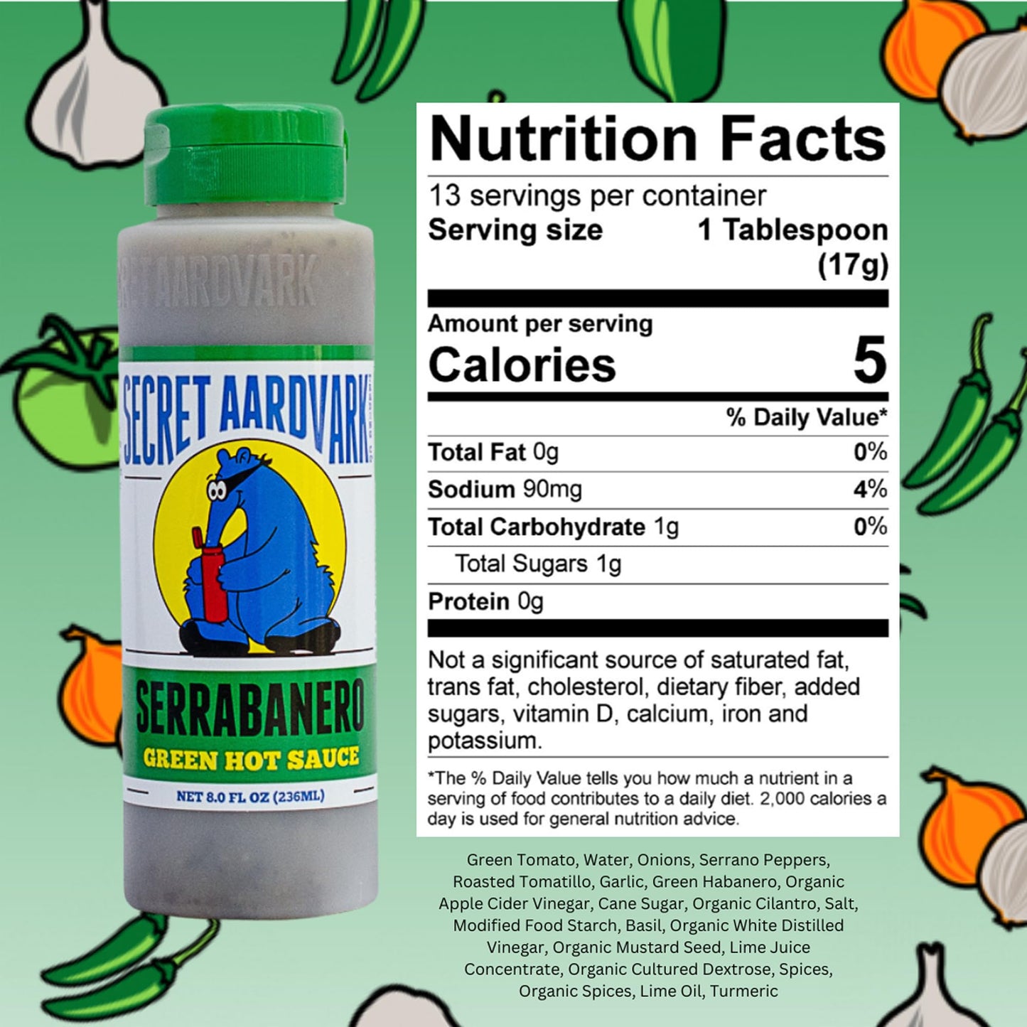 Secret Aardvark Serrabanero Hot Sauce - Serrano & Green Habanero Hot Sauce, Green Spicy Sauce, Non-GMO, Low Carb, Low Sugar Marinade - 8 fl oz 1 Pack