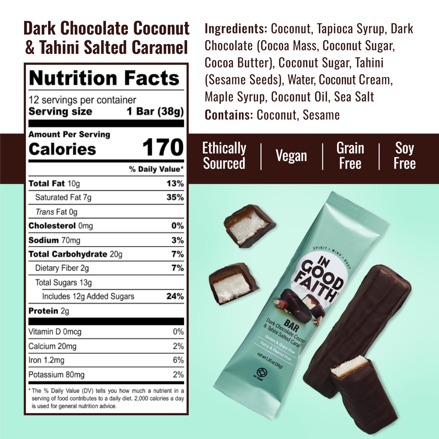 In Good Faith Dark Chocolate Coconut & Salted Caramel Bars, Healthy, Gluten Free, Vegan, Dairy Free Chocolate Bars (12 pack)