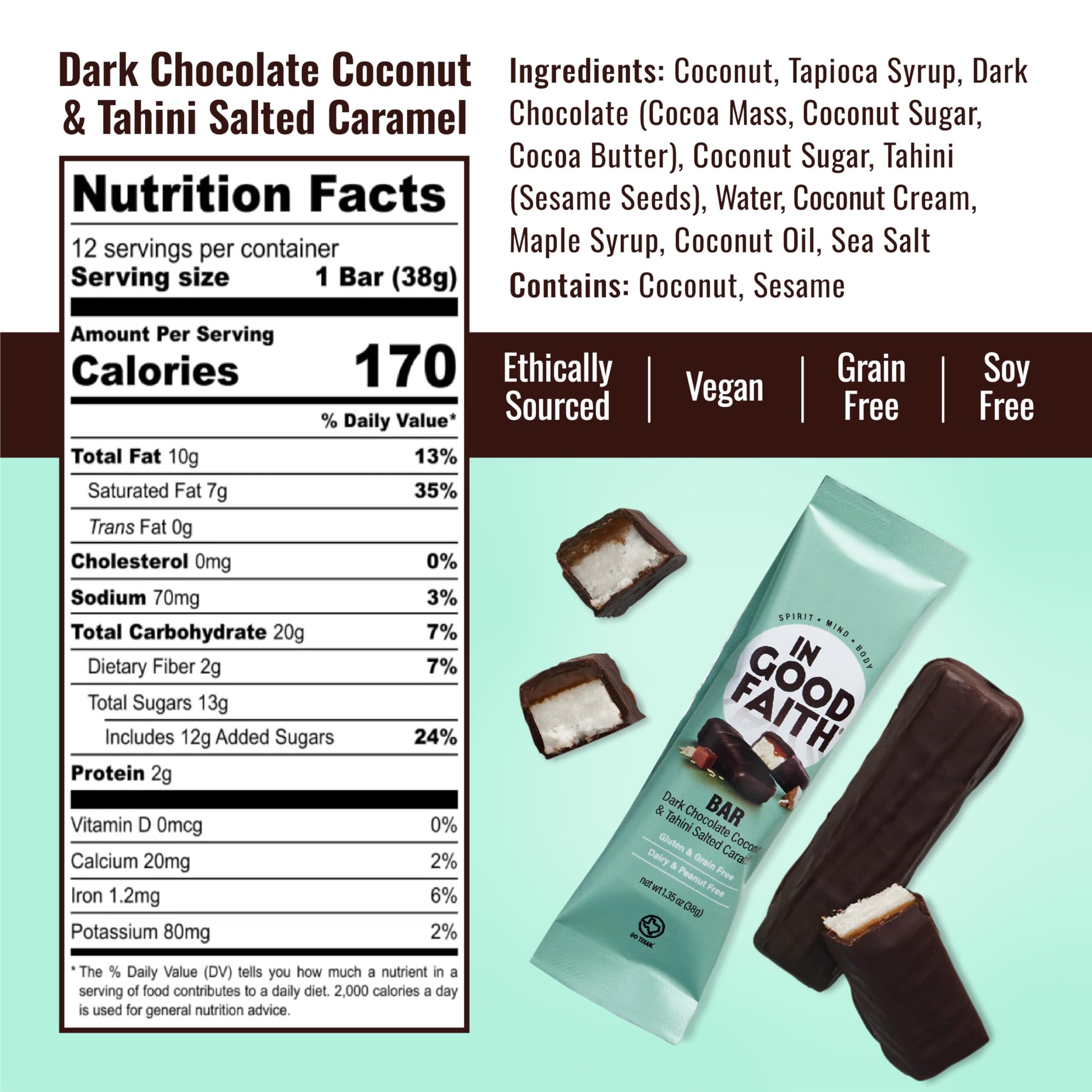 In Good Faith Dark Chocolate Coconut & Salted Caramel Bars, Healthy, Gluten Free, Vegan, Dairy Free Chocolate Bars (12 pack)