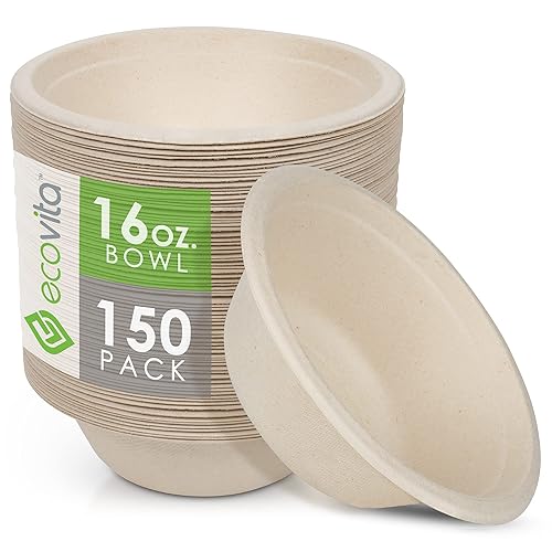 Ecovita 100% Compostable Paper Bowls [16 oz.] - 150 Disposable Bowls Eco Friendly Sturdy Tree Free Liquid and Heat Resistant Alternative to Plastic or