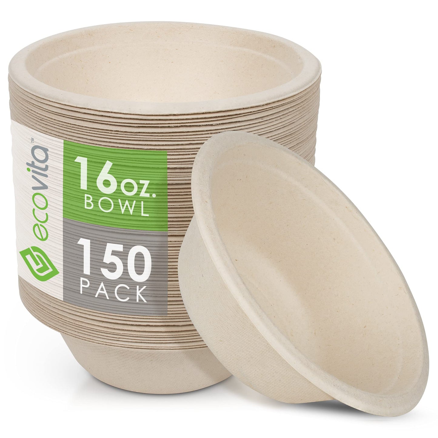 Ecovita 100% Compostable Paper Bowls [16 oz.] - 150 Disposable Bowls Eco Friendly Sturdy Tree Free Liquid and Heat Resistant Alternative to Plastic or
