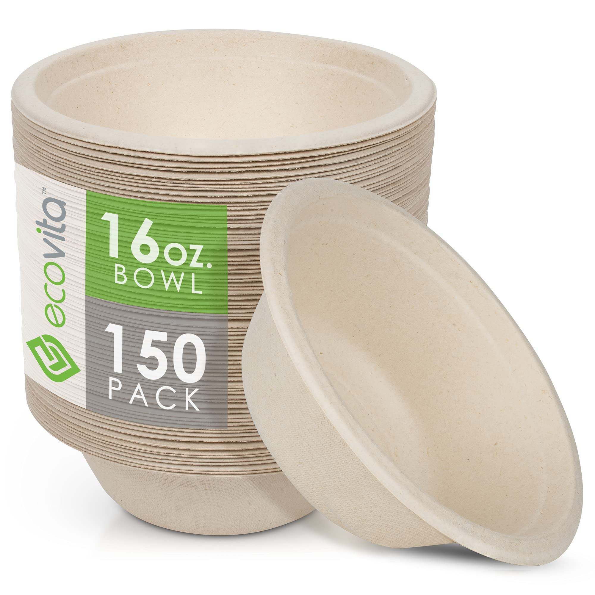 Ecovita 100% Compostable Paper Bowls [16 oz.] - 150 Disposable Bowls Eco Friendly Sturdy Tree Free Liquid and Heat Resistant Alternative to Plastic or