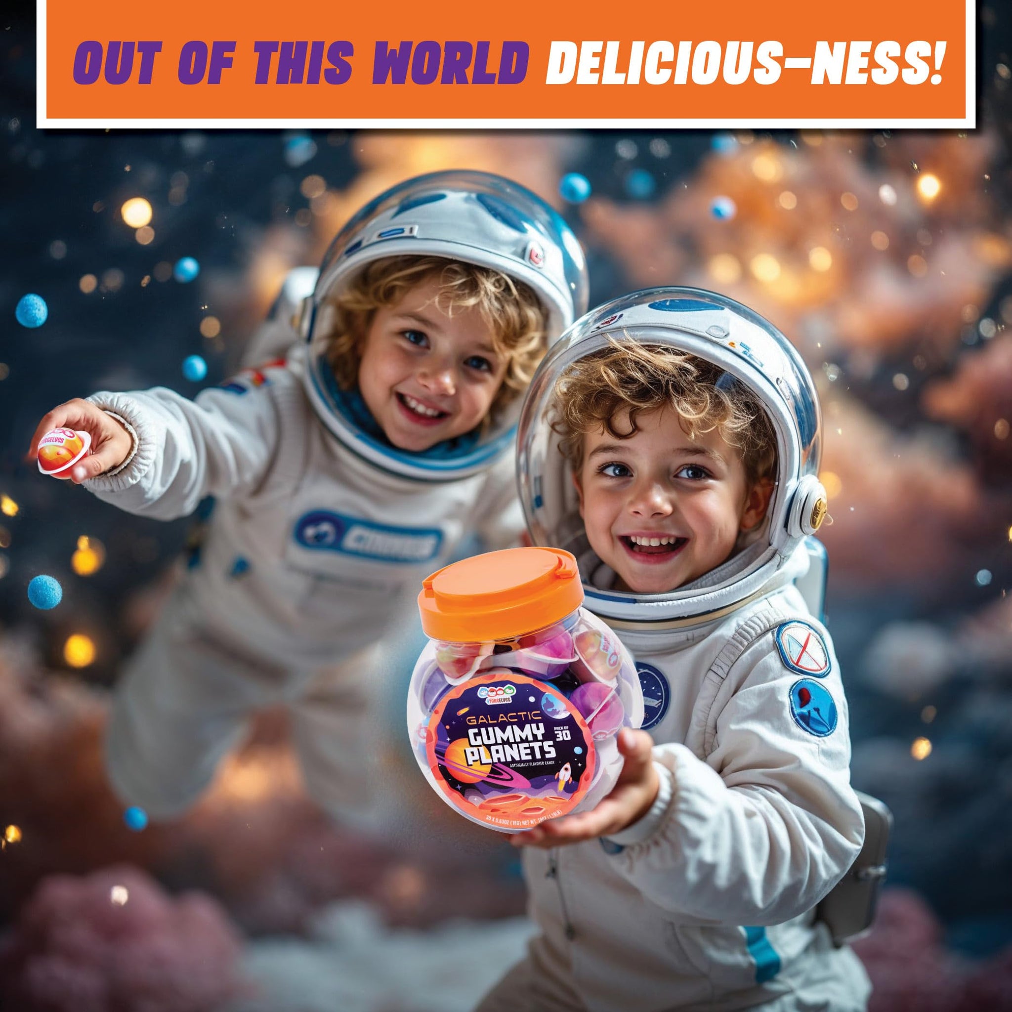 30 Planet Gummies, Novelty Space Candy with Jelly Filling, Individually Wrapped Blueberry Flavored Gummy Balls, By 4YoreElves (19 oz)