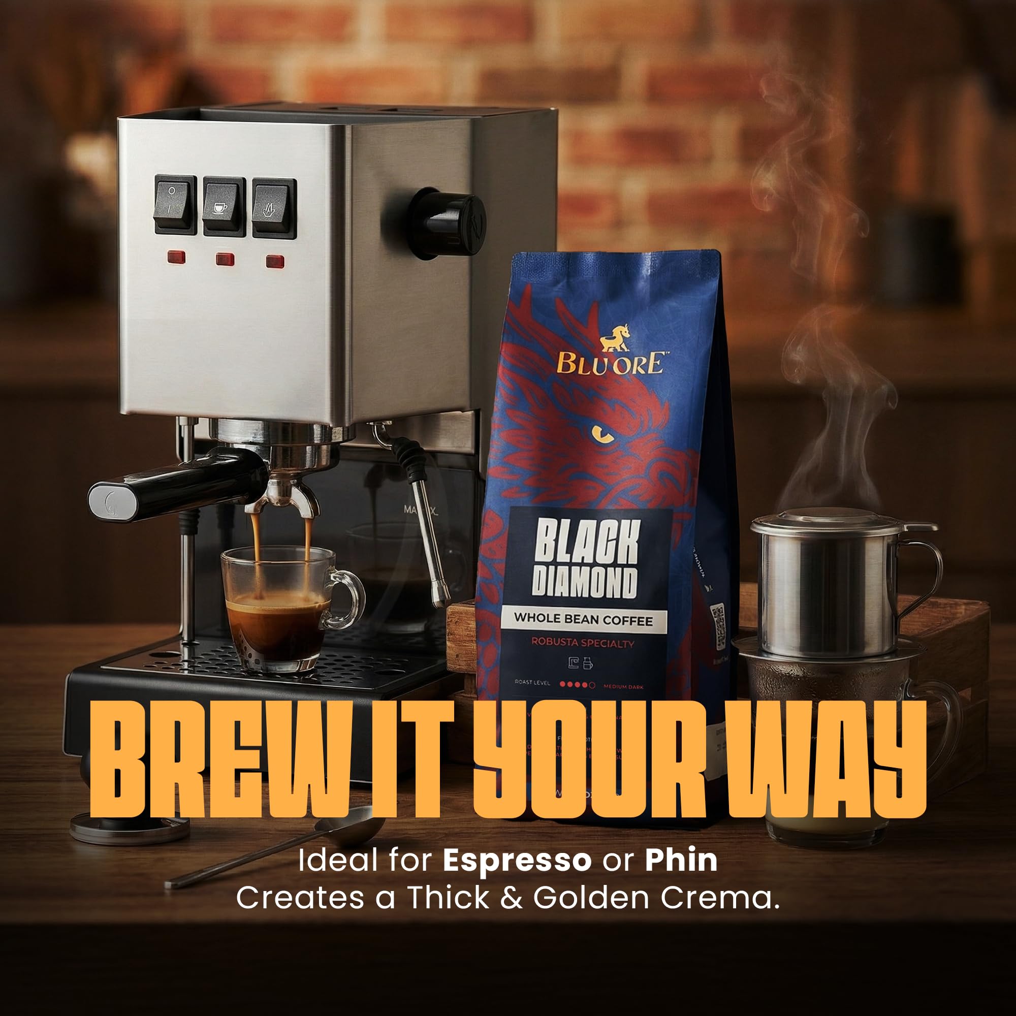 Blu Ore Black Diamond Robusta Specialty Coffee Beans - Single Origin, Bold Aromatic Espresso Beans with Hints of Walnut, Peanut, Caramel, Brown Sugar