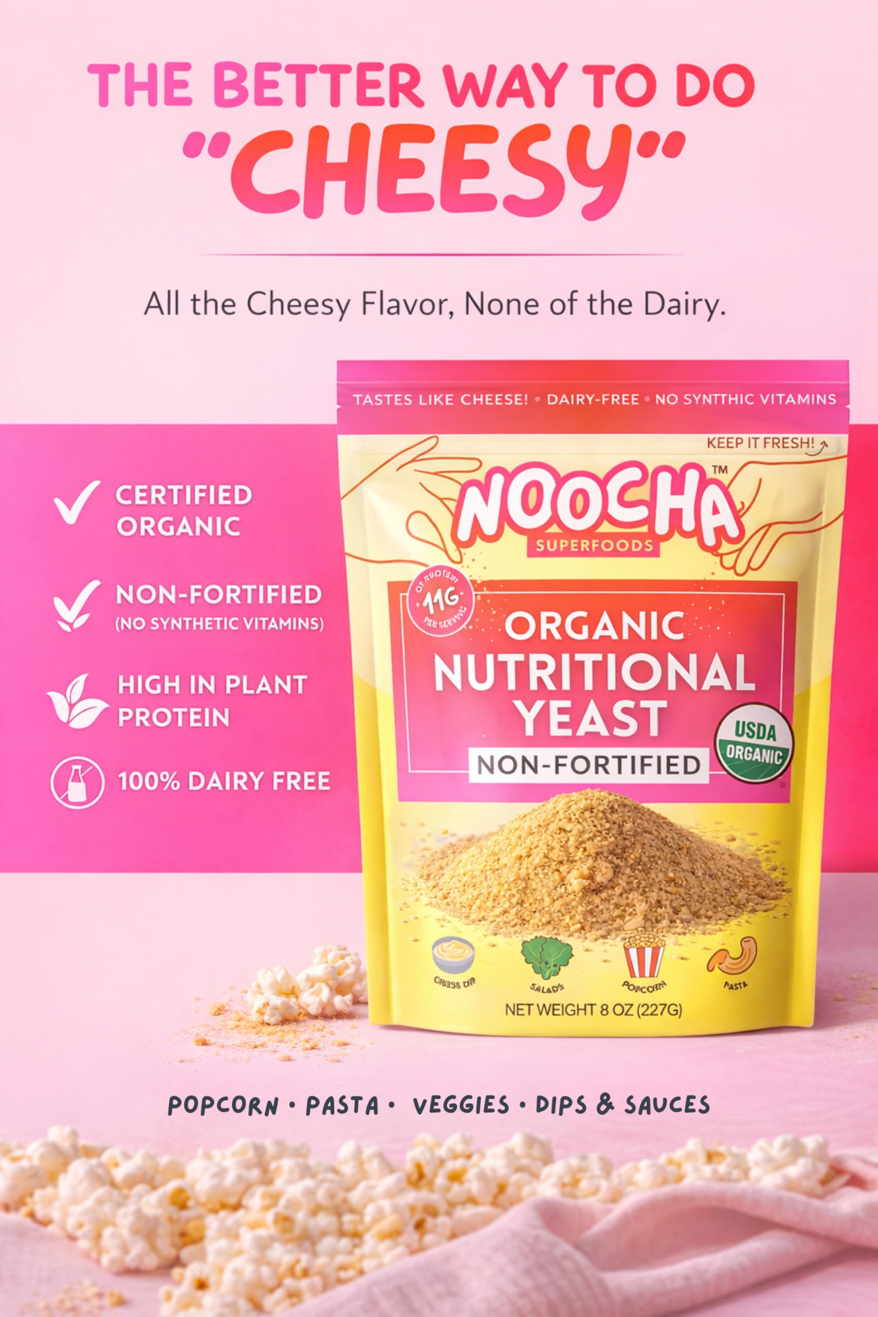 NOOCHA Organic Nutritional Yeast Flakes - Non-Fortified, Vegan Cheese Seasoning, Dairy-Free, Gluten-Free, High Protein Savory Sprinkle for Popcorn