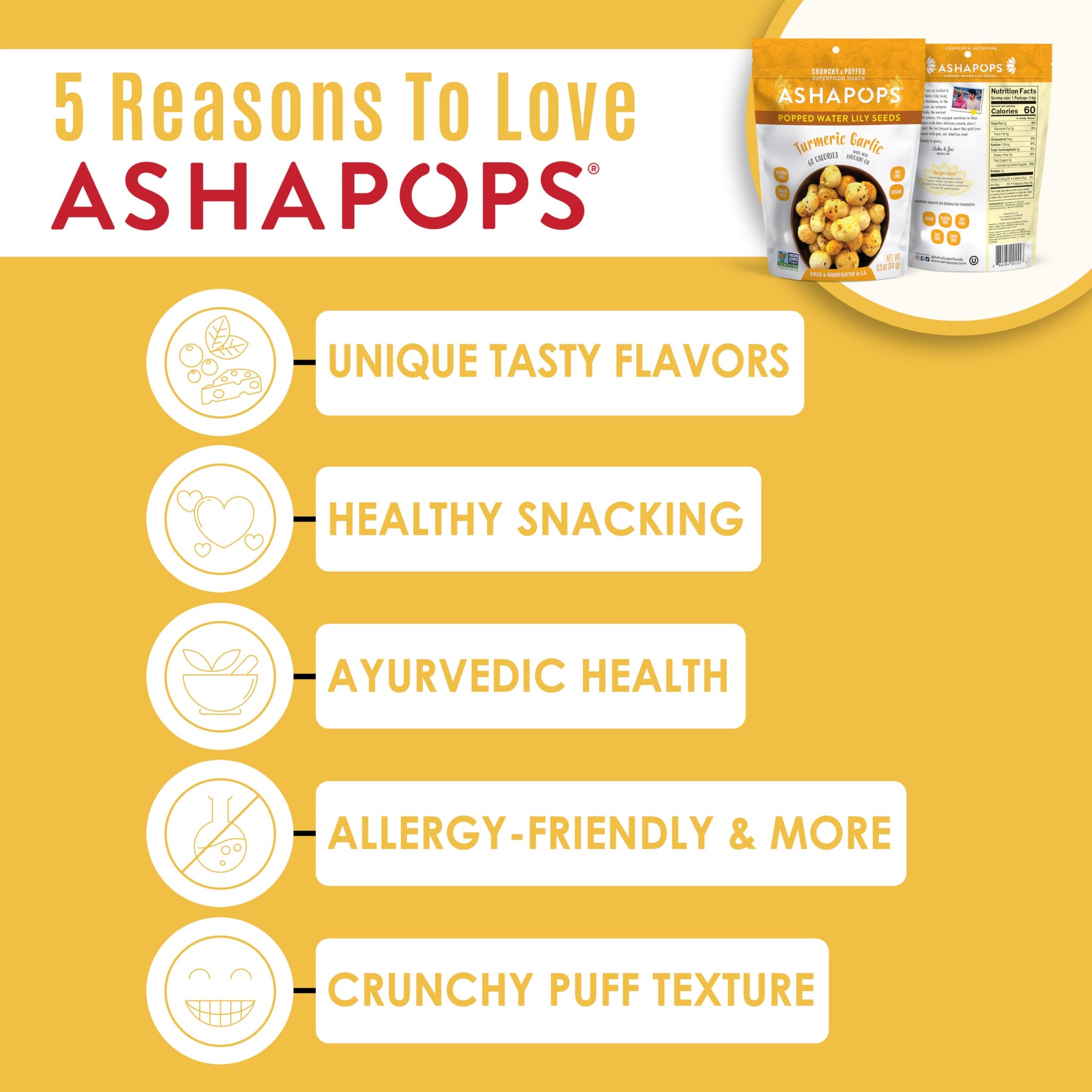 AshaPops Turmeric Garlic Flavored Popped Water Lily Seeds, 0.5 oz (Pack of 12) - Gluten-Free, Vegan, Paleo, Nut-Free, Corn-Free, Soy-Free, Non-GMO