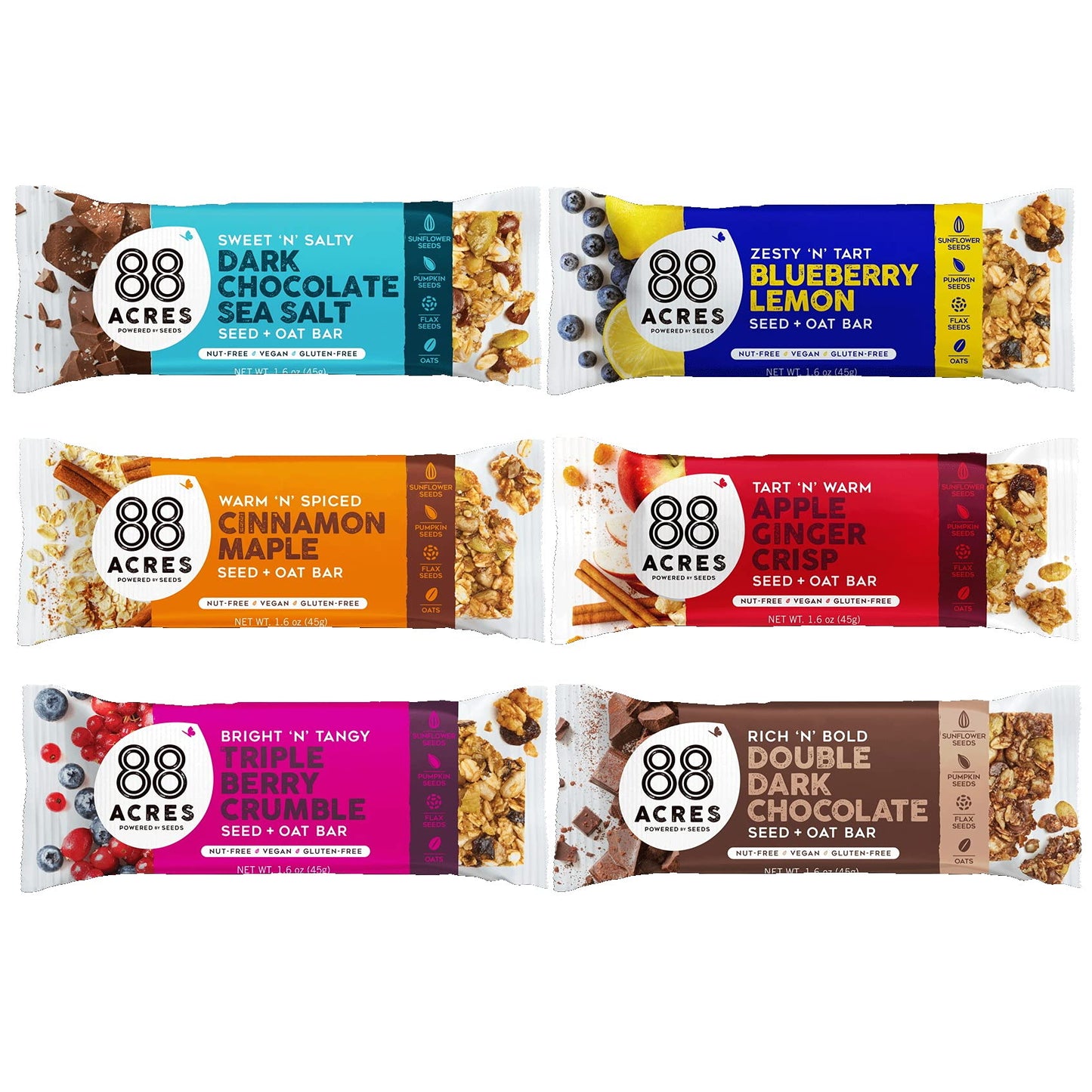 88 Acres Granola Bars Variety Pack, 6 Count, School Safe, Allergen Free Seed & Oat Snack Bar, Gluten & Nut Free, Vegan, Non-GMO & Kosher, Individually