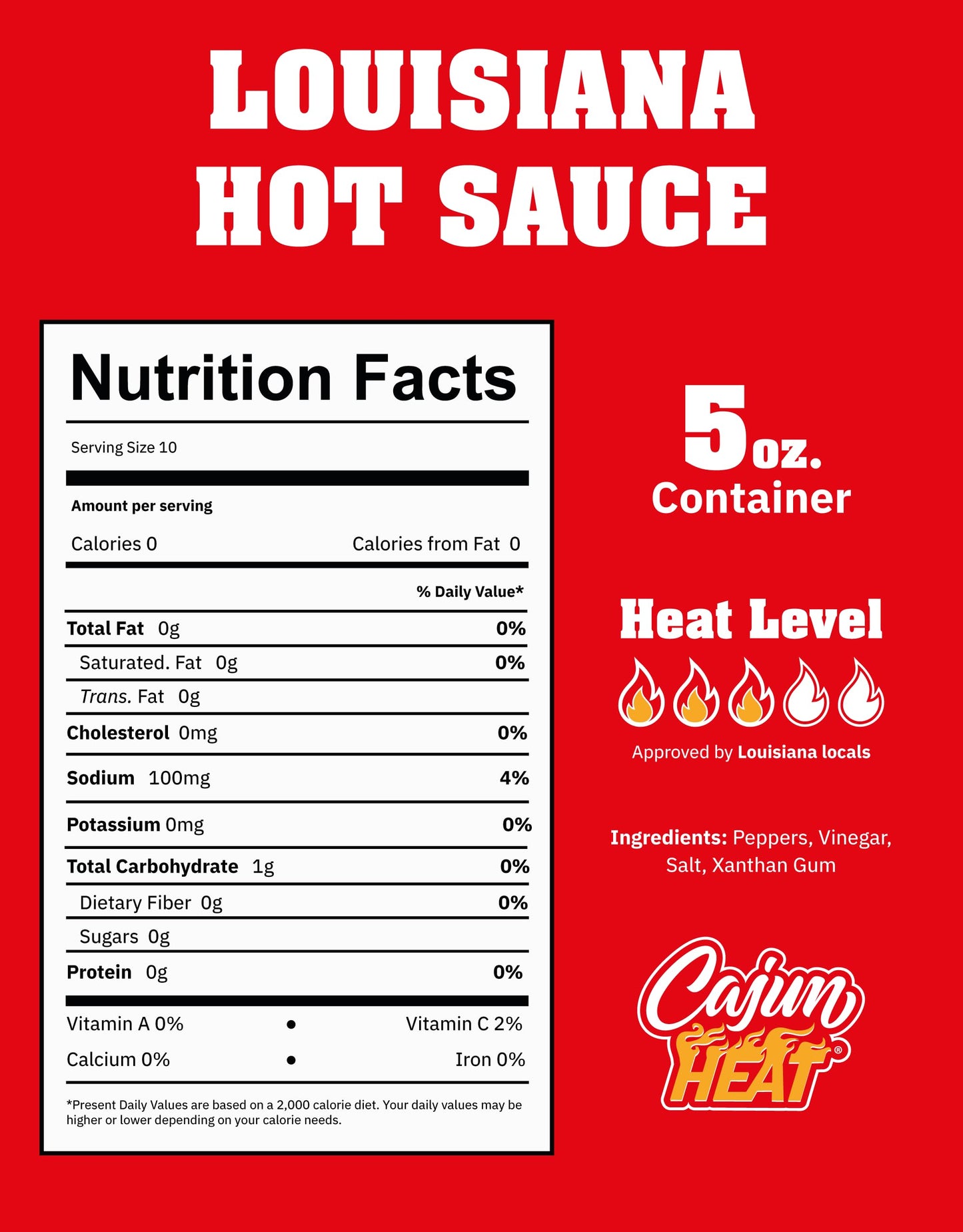 Cajun Nation CAJUN HEAT Louisiana Hot Sauce 5oz - Bold Flavor with No MSG - Authentic Louisiana Style Heat from the Cajun Coast - The Spice Is Right!