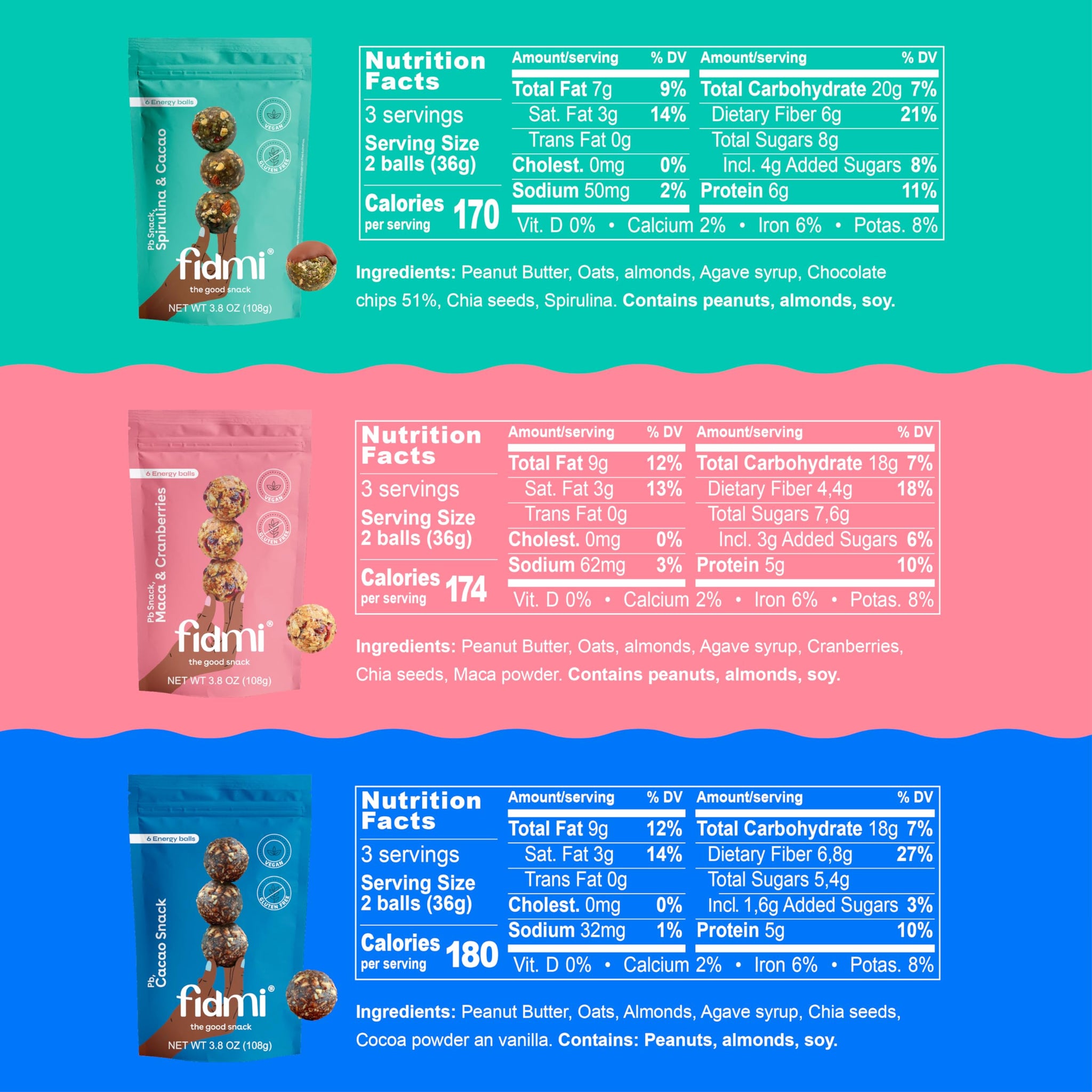 Fidmi Snack Protein Energy Balls Assorted Pack | Vegan - Gluten Free - Plant Based - Superfoods (Maca, Spiruline, Cacao) - All Natural Ingredients
