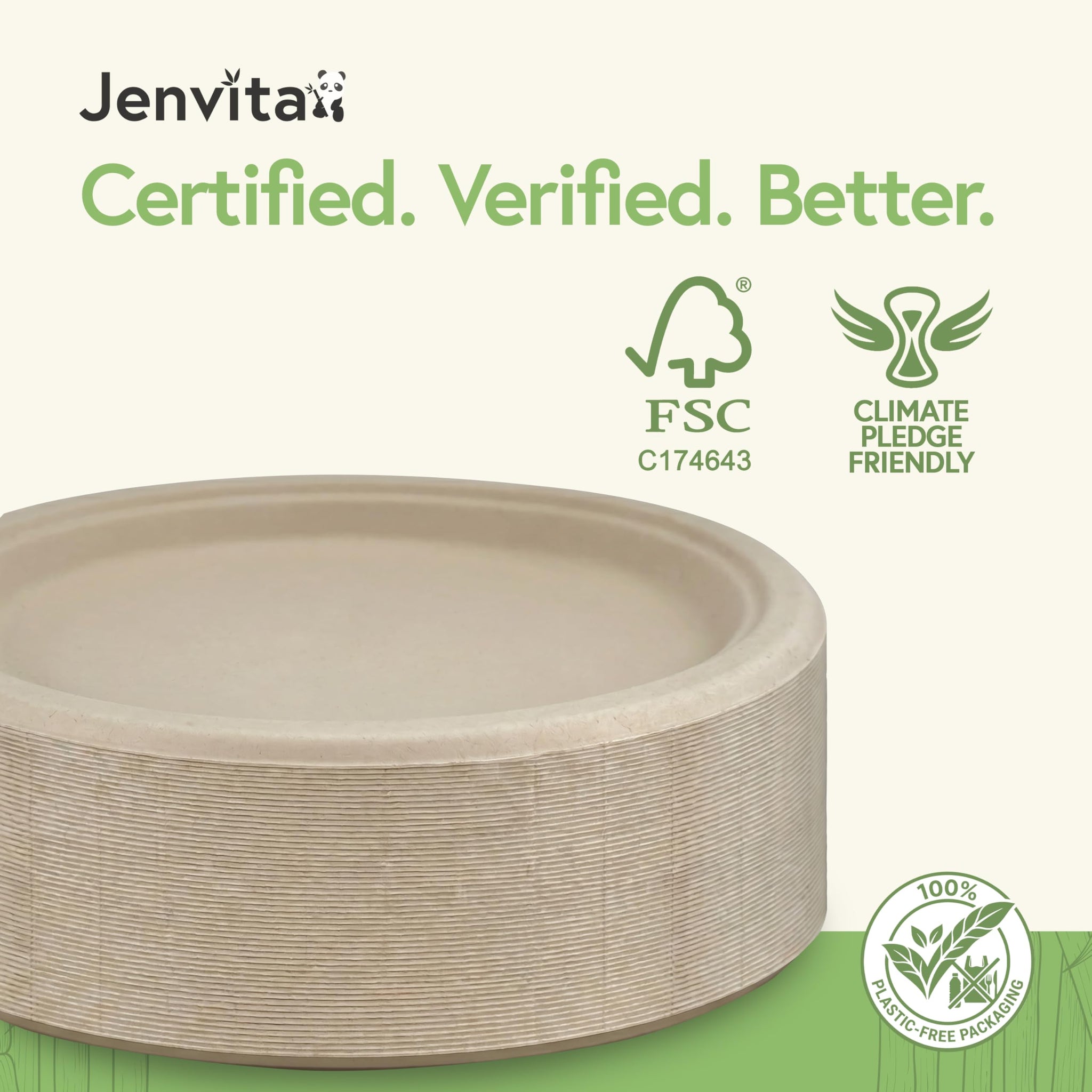 Jenvita Paper Bamboo Plates Disposable (50-Pack, 9-inch) | Sturdy & Microwave Safe | Compostable Paper Plates Disposable Heavy Duty | PFAS Free