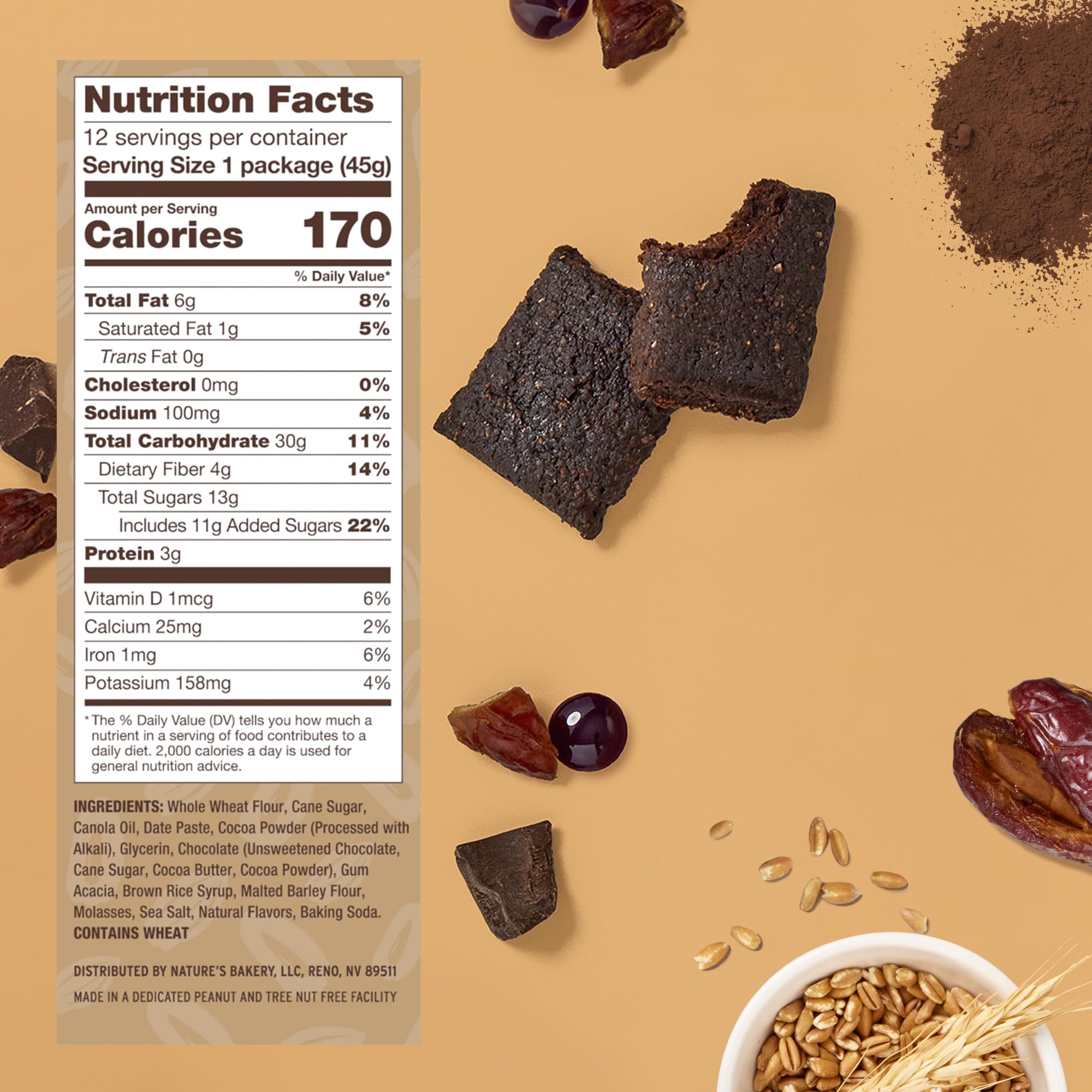Nature’s Bakery Double Chocolate Brownie Bars, Whole Grains, Dates, and Cocoa, Plant Based, Dairy-Free, Snack Bar, 7 boxes with 12 twin packs