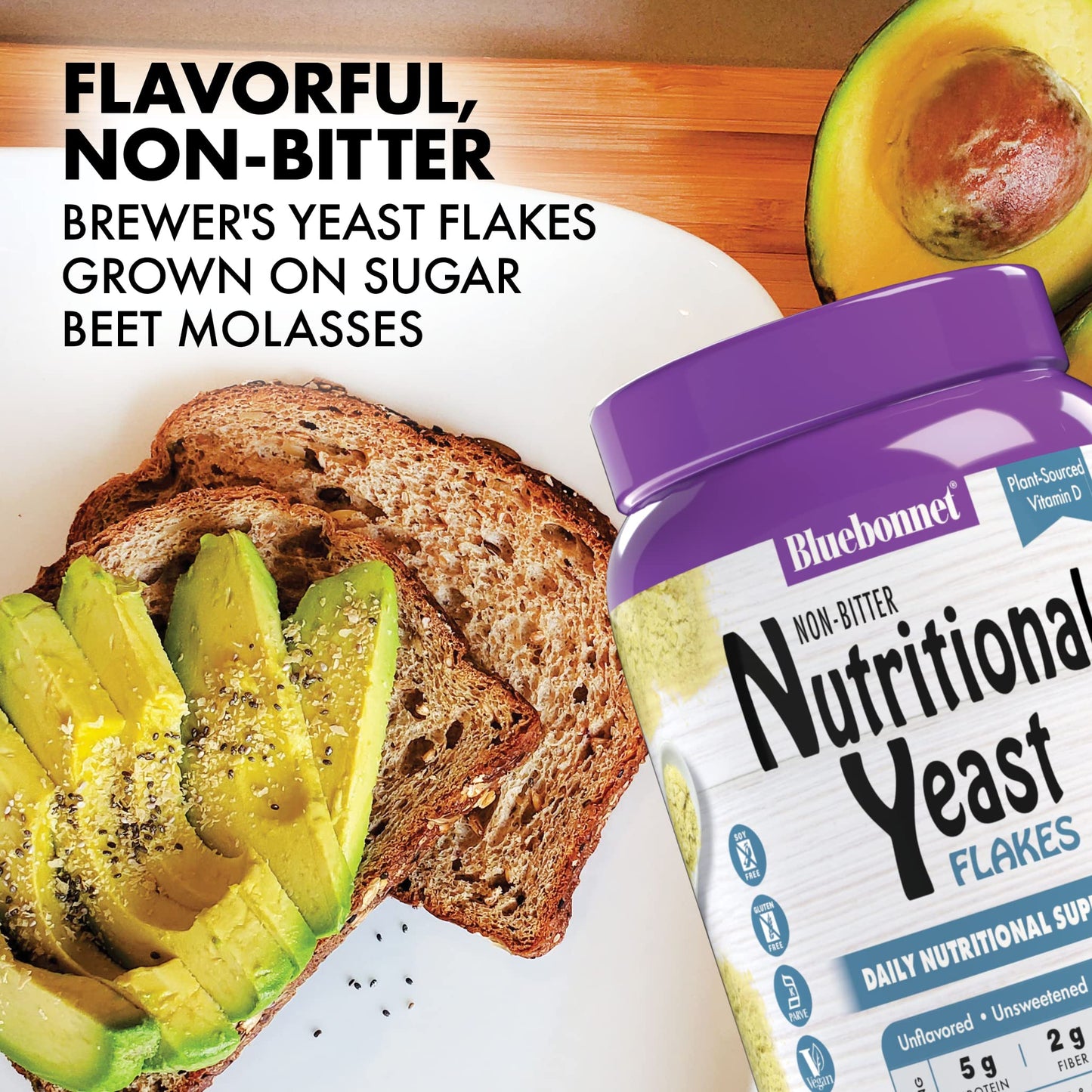 BlueBonnet Nutrition Non-Bitter Nutritional Yeast Flakes - Plant-Sourced Protein, B Vitamins & Vitamin D - Non-GMO, Vegan, Kosher, Gluten-Free