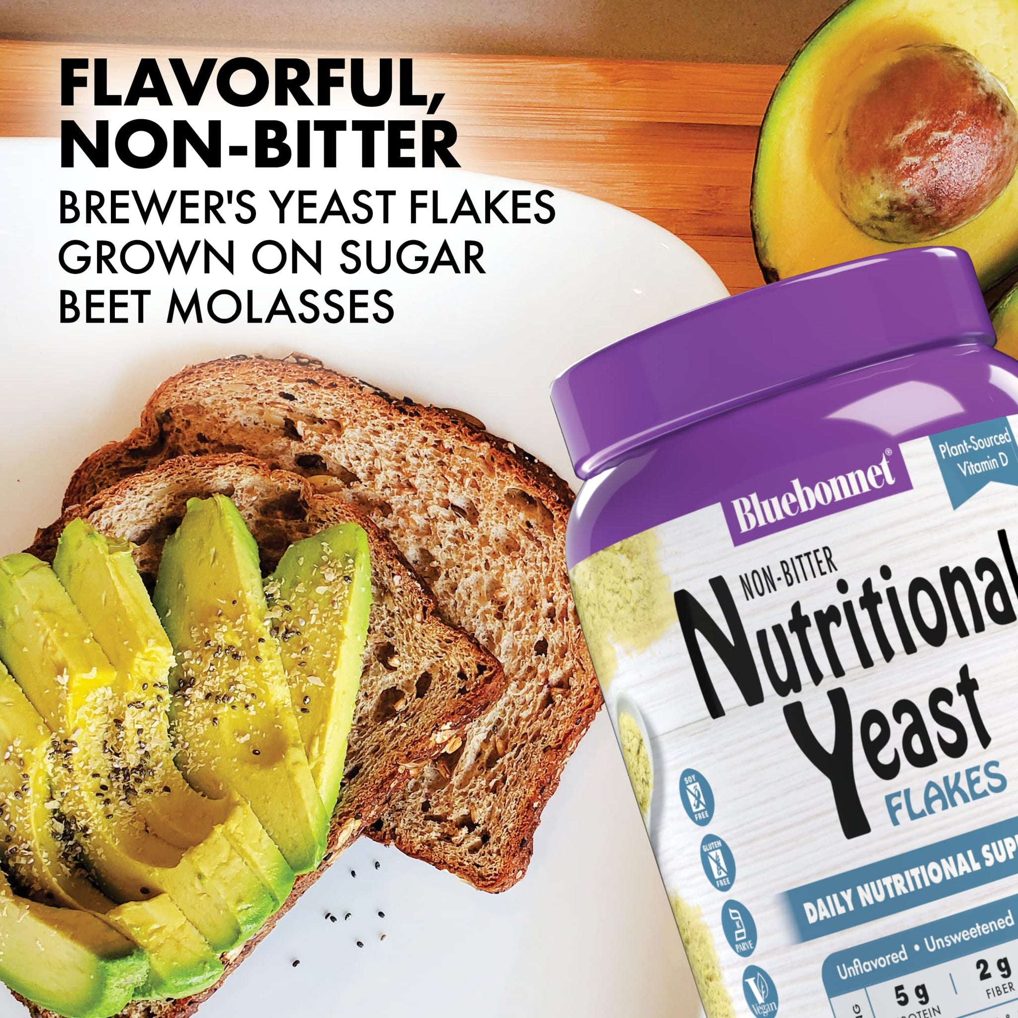 BlueBonnet Nutrition Non-Bitter Nutritional Yeast Flakes - Plant-Sourced Protein, B Vitamins & Vitamin D - Non-GMO, Vegan, Kosher, Gluten-Free