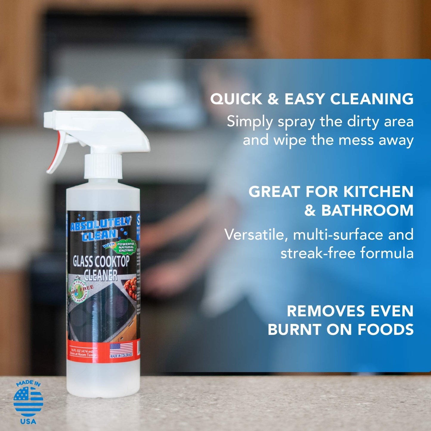 Absolutely Clean Amazing Ceramic & Glasstop oven cleaner heavy duty- Fume Free & Scratch Free - Streakfree - Powerful, Natural Enzymes - USA Made (16