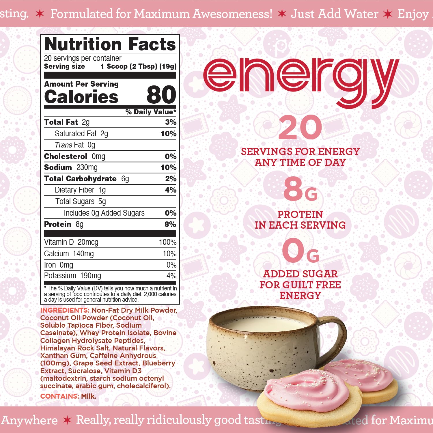 Perk Energy Drink Mix (Sugar Cookie) 20 Servings - Caffeinated Healthy Coffee Alternative with Protein, 100mg of Caffeine, Gluten-Free, Soy-Free