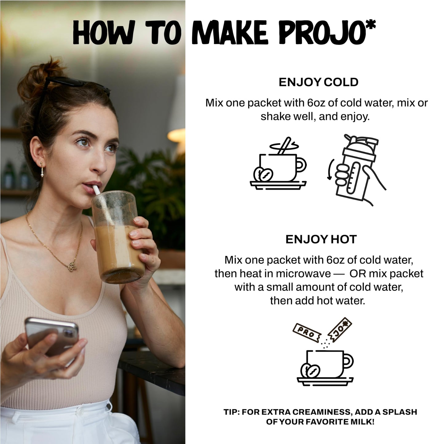 Projo* Power Coffee - Instant Coffee with 10g Protein - Grass-Fed Hydrolyzed Bovine Collagen & 225mg Caffeine - Organic, Unsweetened, Medium Roast