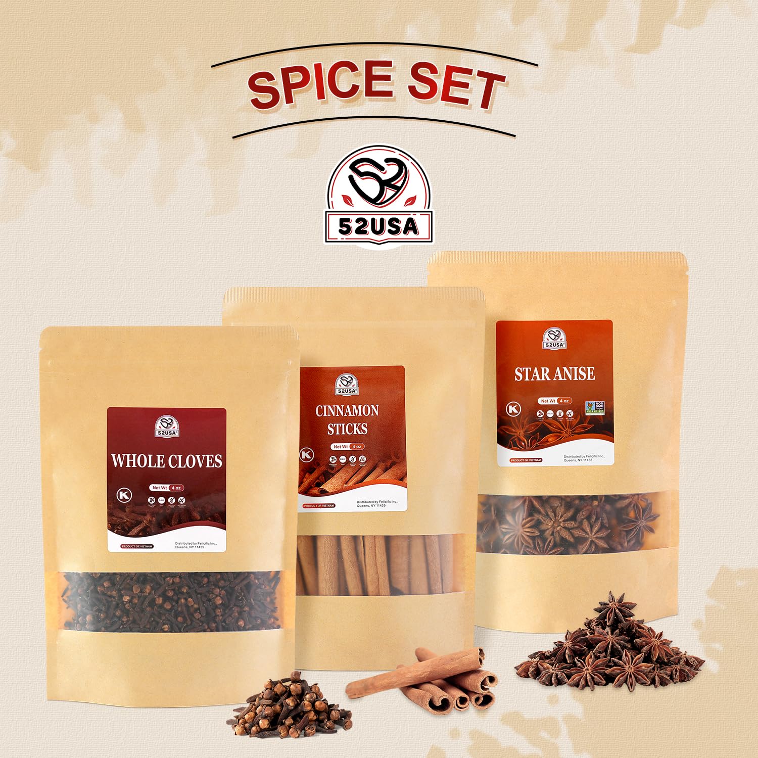 52USA Cinnamon Sticks, Star Anise, Whole Cloves - 4oz Each, All Natural Spice Set, No Preservatives, Perfect Kitchen Refill, Spice Gift Set