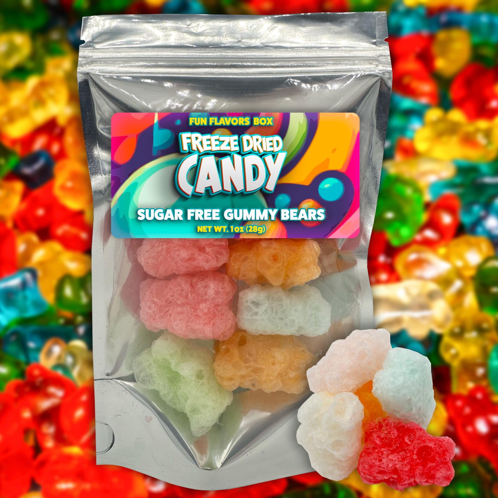 Fun Flavors Box Sugar Free Freeze-Dried Gummy Bears Variety Pack - Crunch Candy Treats, 1 oz