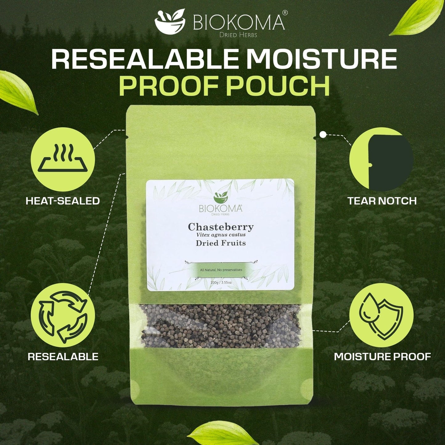 Biokoma Chasteberry Dried Fruits 100g 3.55oz Vitex Agnus-Castus Whole Berries Herbal Tea Hormonal Balance Cycle & Menopause Support Resealable