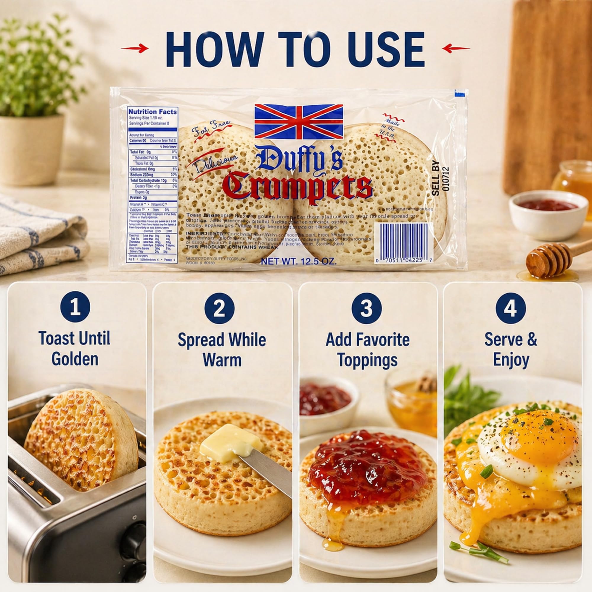 Duffy’s Crumpets British Breakfast Bread, Soft and Airy, Perfect for Toasting, Holds Butter and Jam, Traditional English Recipe, Muffin Alternative
