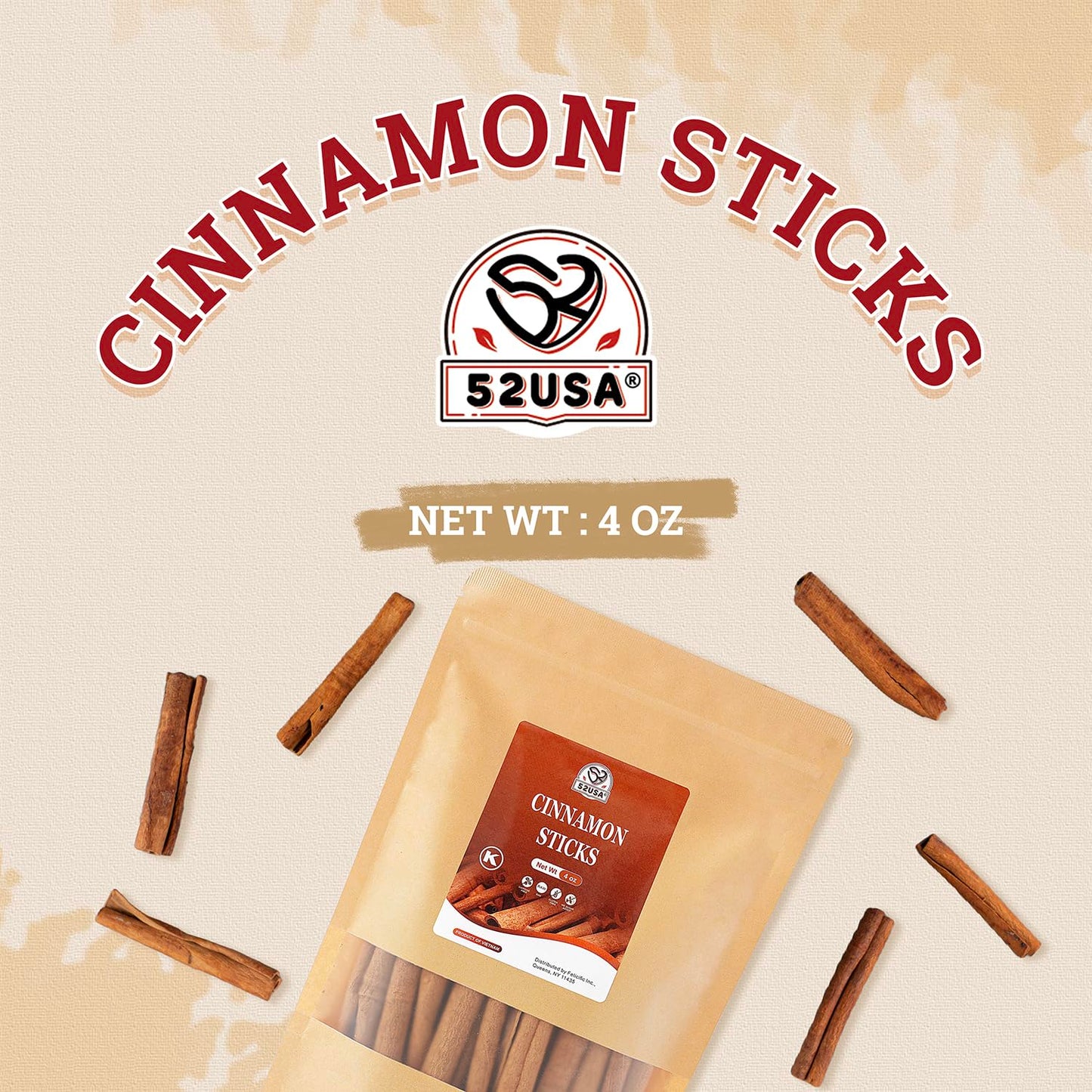 52USA Cinnamon Sticks, Cinnamon 4 oz (113g), Whole Cinnamon Sticks, 100% Raw, Kosher Certified, Gluten Free, Pure & Fresh Cinnamon, Perfect for