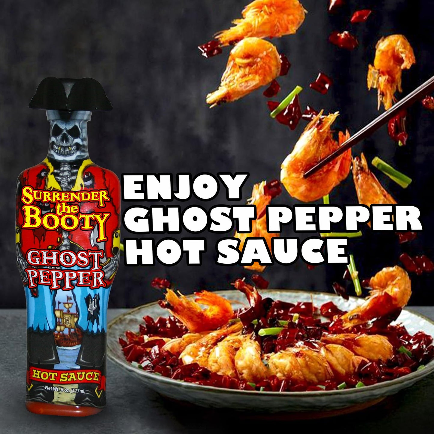 Surrender the Booty Ghost Pepper Hot Sauce - Bhut Jolokia Extreme Gourmet Heat - Premium Novelty Pirate Gift Bottle - Hot Sauce Challenge - 5oz