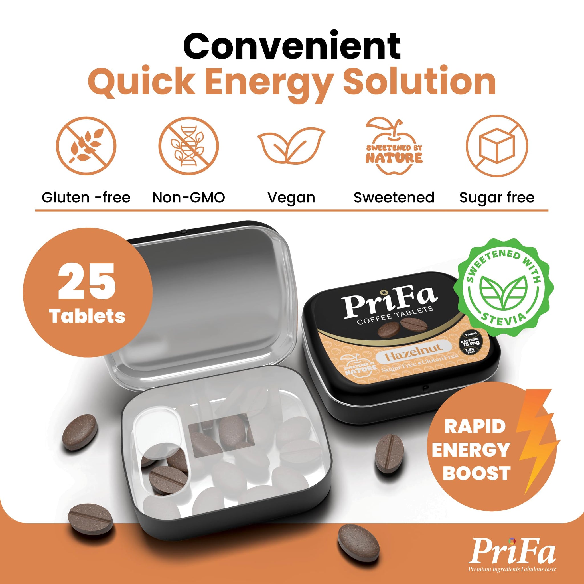 PriFa Hazelnut Coffee Tablets - Sweetened with Stevia, Nutty & Aromatic Flavor, Instant Coffee On-The-Go, Portable Caffeine Boost - 15mg Caffeine, 25