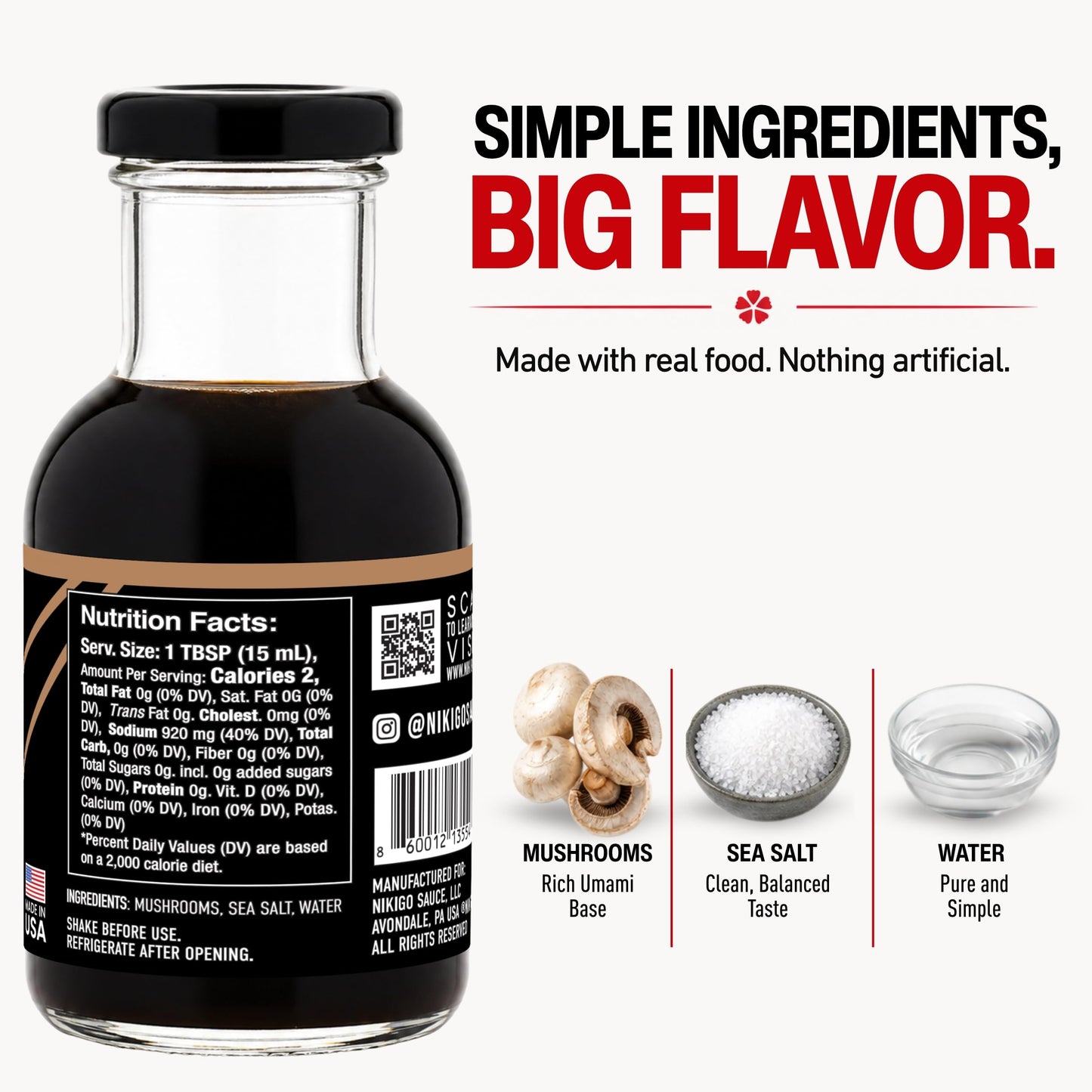 NIKIGO Original Soy Free Sauce - Premium Soy Sauce Replacement, Allergen-Friendly, Made with 3 Simple & Clean Ingredients, Mushrooms, Sea Salt, Water