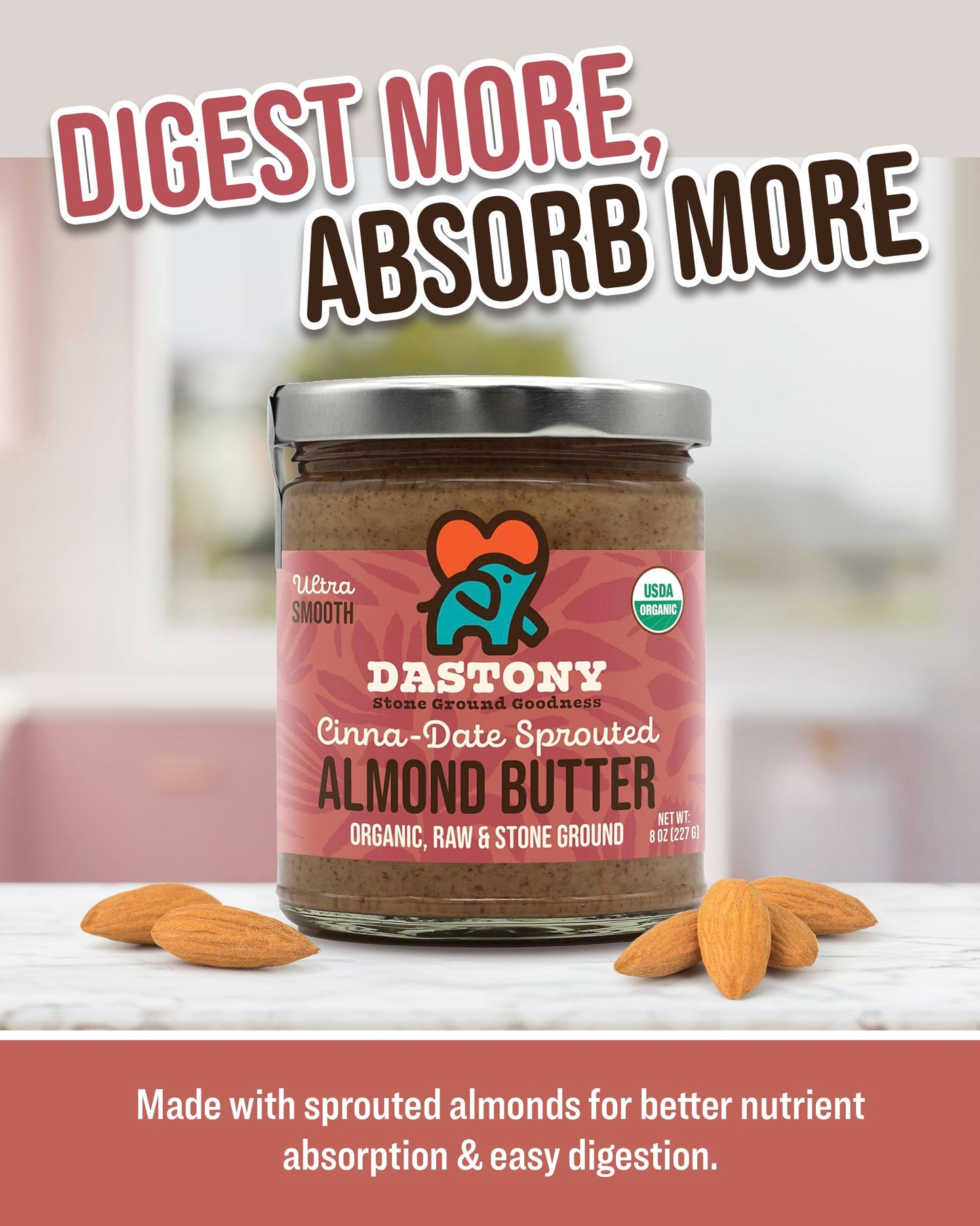 Dastony Cinna-Date Sprouted Almond Butter - Raw Almond Butter - 8 oz, Pack of 2