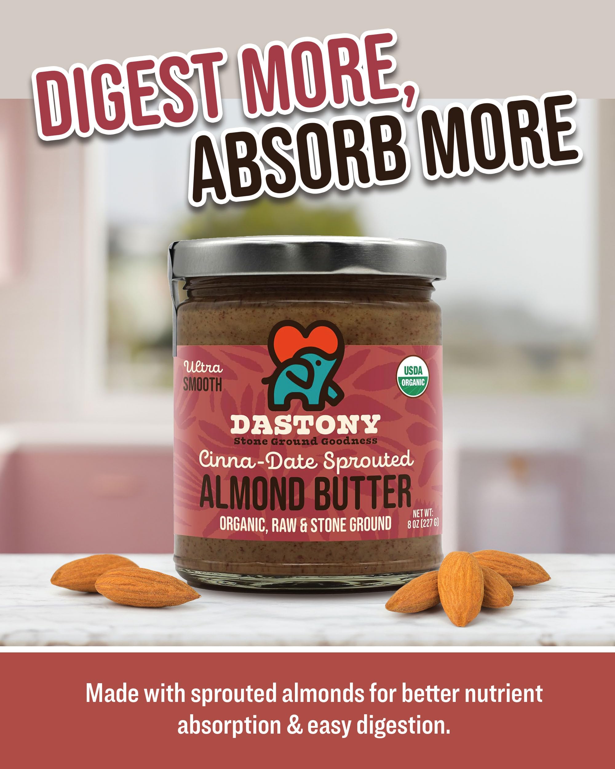 Dastony Cinna-Date Sprouted Almond Butter - Raw Almond Butter - 8 oz, Pack of 2