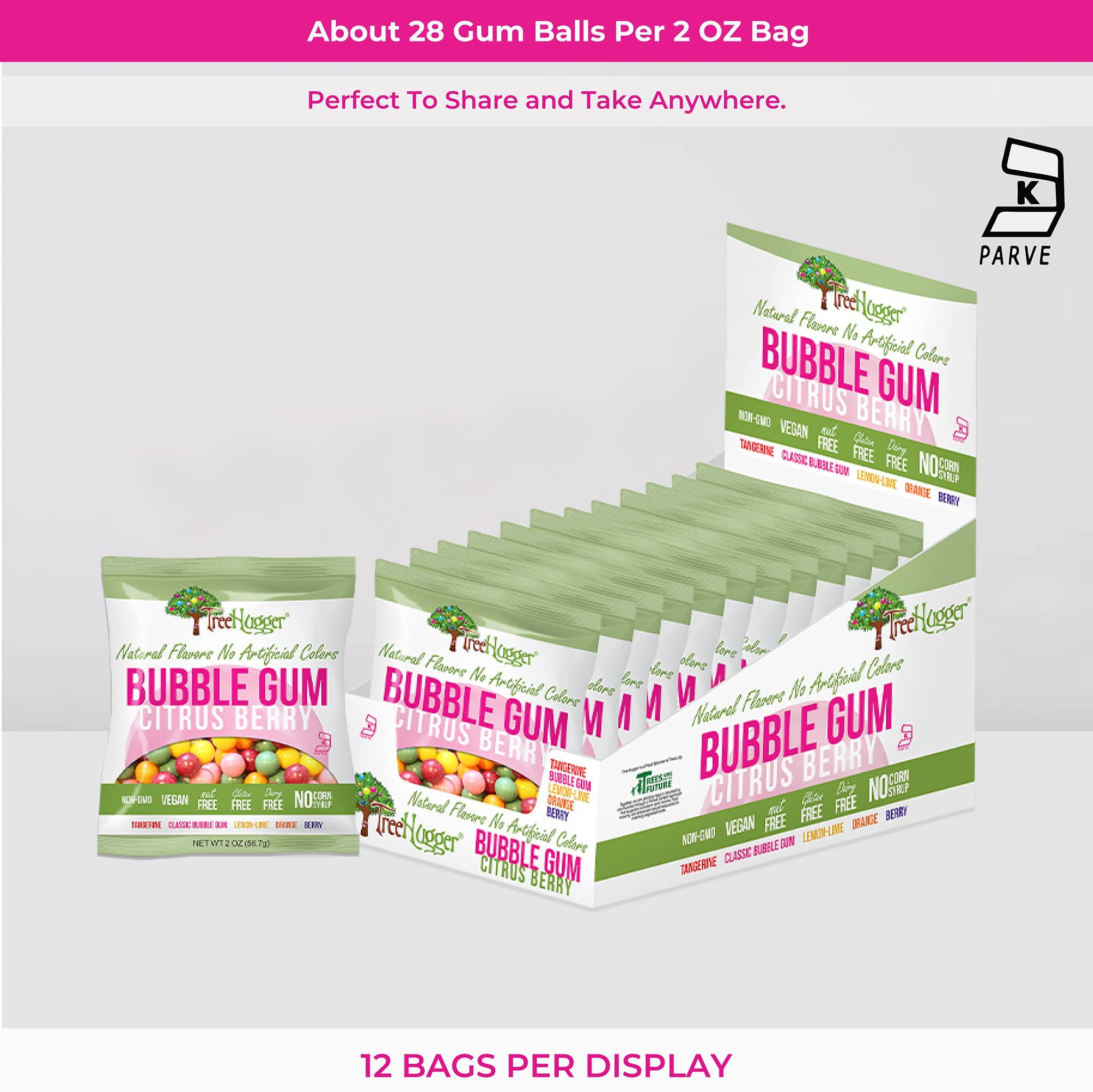 Tree Hugger Bubble Gum, Citrus Berry, Natural Flavors, No Artificial Colors, 2 Ounce (Pack of 12)