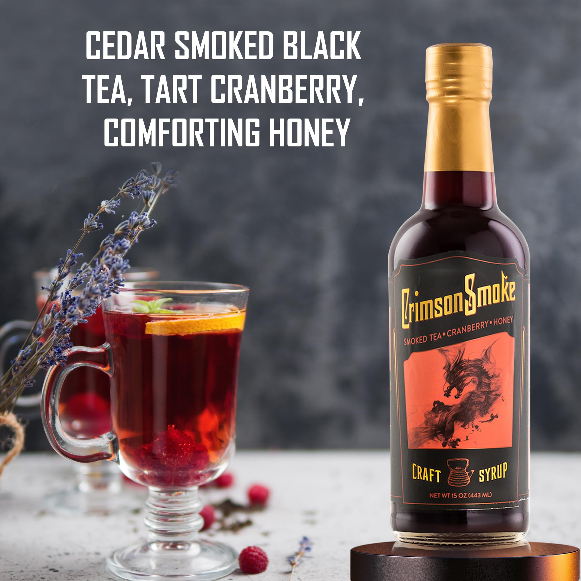Absinthia Crimson Smoke Craft Mixer - Smoky Non-Alcoholic Drink Mixer with Cranberry, Honey & Cedar-Smoked Black Tea | Cocktail Syrup for Mocktails